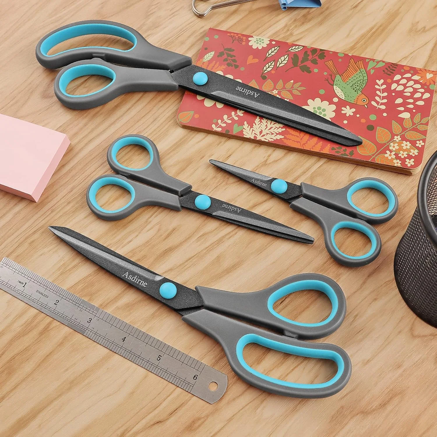 Asdirne Teflon Coating Scissors Set of 4, Non-Stick Scissors All Purpose, Premium Stainless Steel Razor Blades, Ergonomic Semi-Soft Rubber Grip, 10/''/8.5/''/6/''/5/'', Blue&Gray Asdirne Teflon Coating Scissors Set of 4, Non-Stick Scissors All Purpose, Premium Stainless Steel Razor Blades, Ergonomic Semi-Soft Rubber Grip, 10/''/8.5/''/6/''/5/'', Blue&Gray