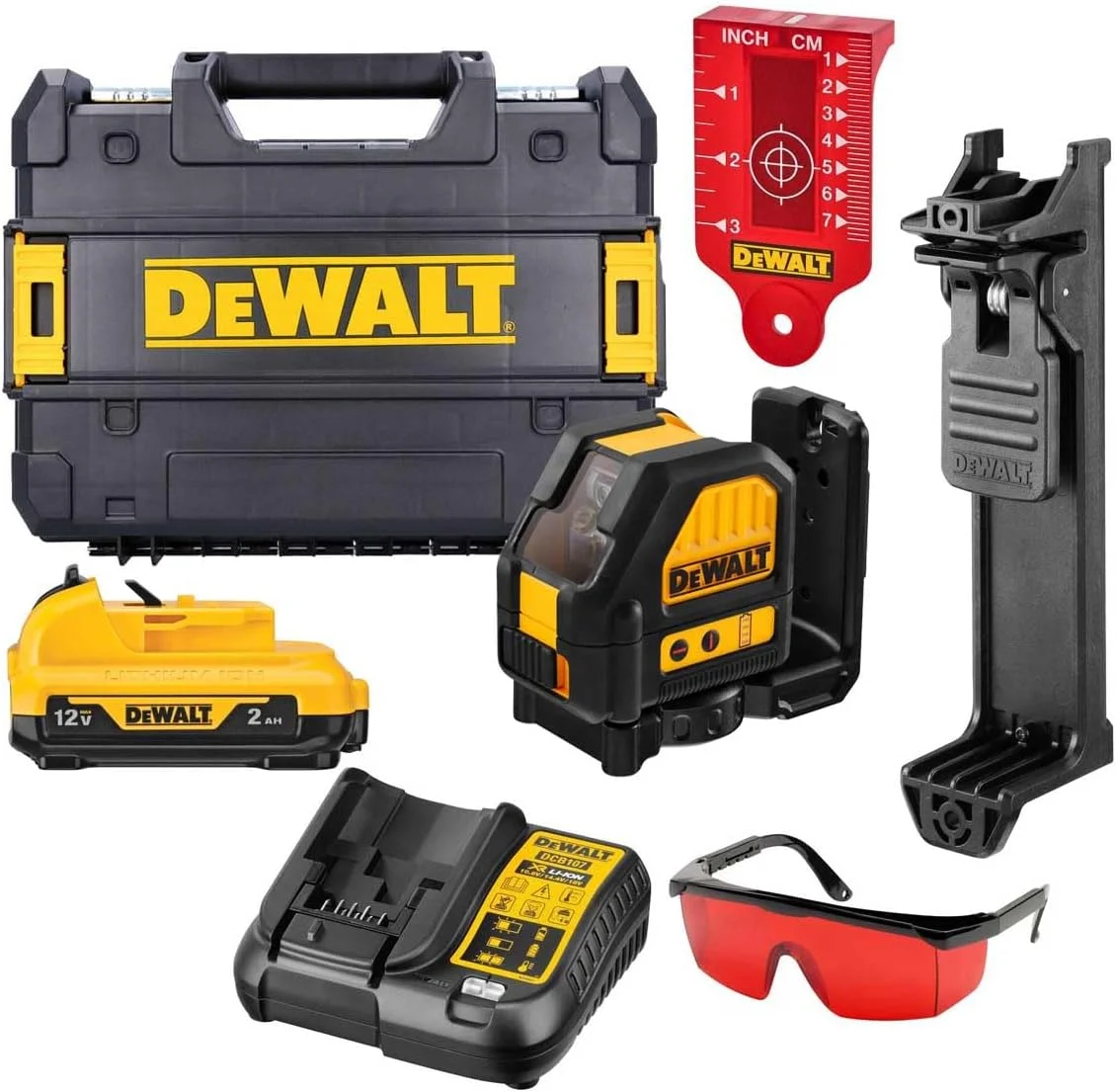 باتری لیتیوم یونی 10.8 ولت DeWalt، تراز لیزری، خودتراز، لیزر خطی متقاطع افقی و عمودی با پایه مغناطیسی، پرتو قرمز، لیزر، زرد/مشکی، DCE088D1R-GB