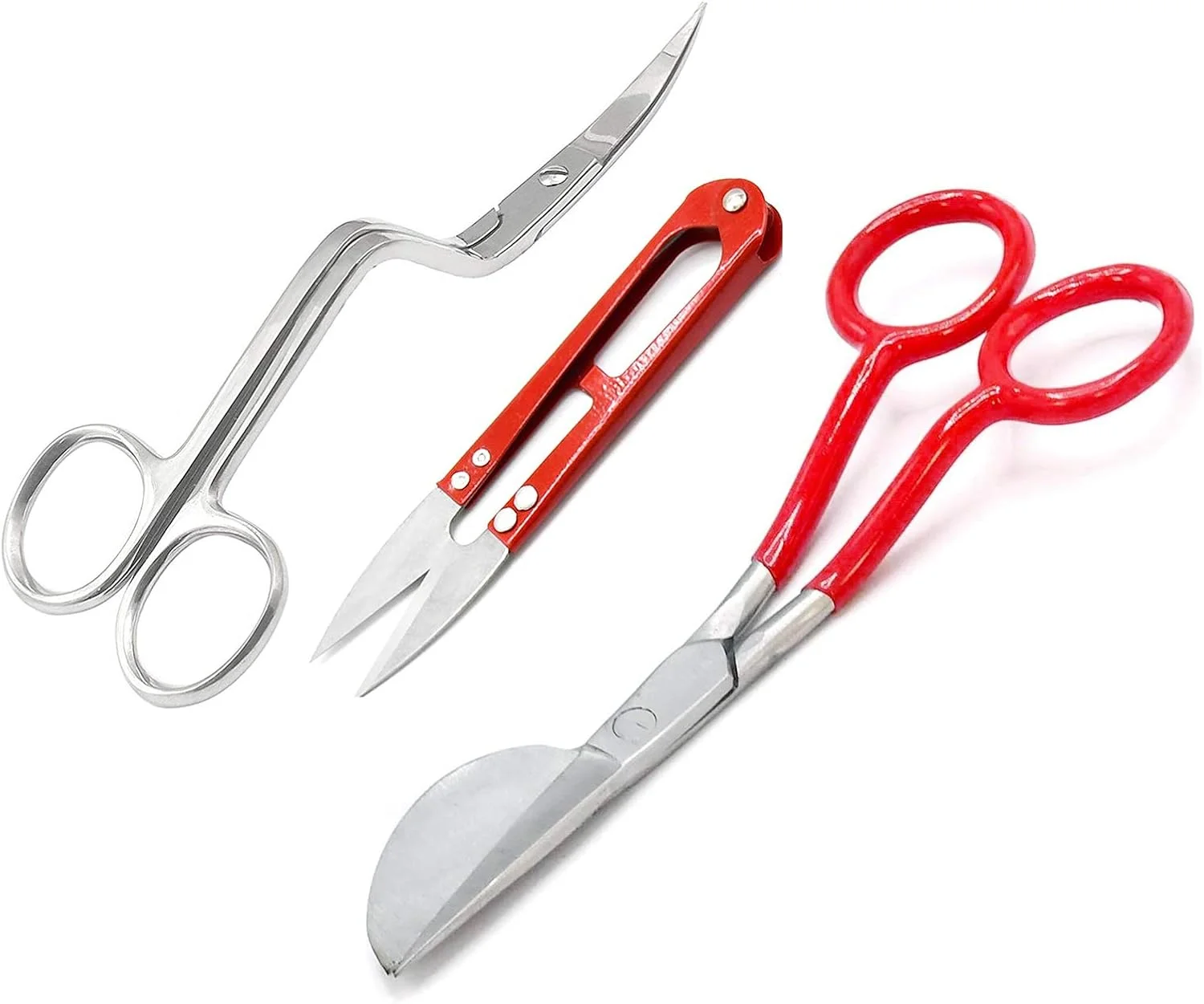 مجموعه 3 عددی قیچی های نوک اردکی گلدوزی و تکه دوزی ماشین خمیده دو طرفه 6 اینچی AAProTools، دسته PVC قرمز با نخ چین قرمز