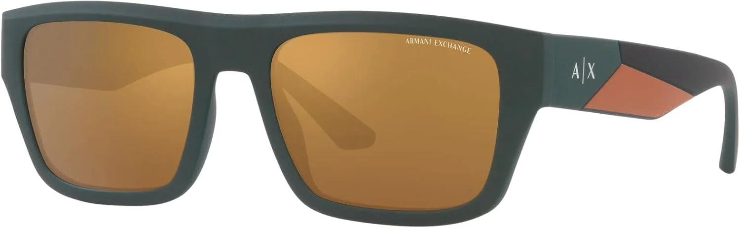 عینک آفتابی مستطیلی مردانه Armani Exchange A|X مدل Ax4124su با فیت جهانی، سبز مات/قهوه ای آینه ای طلایی، 56 میلی متر
