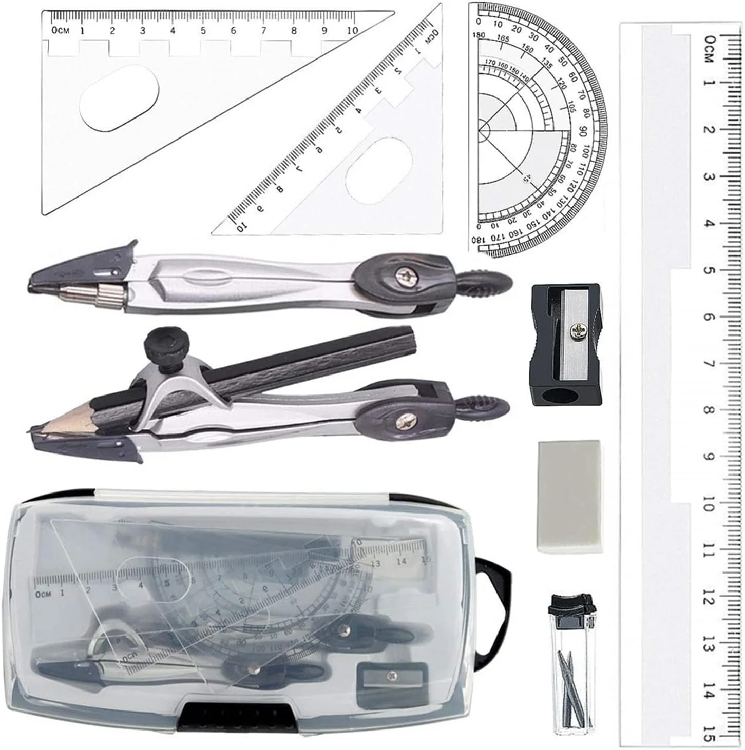 ست خط کش و پرگار KASTWAVE، ست کیت هندسه ریاضی، ست 10 تکه قابل حمل مدرسه با خط کش، نقاله، پرگار، پاک کن، تراش، نوک اتود، جعبه نگهداری برای ترسیم و نقاشی (مشکی) ست خط کش و پرگار KASTWAVE، ست کیت هندسه ریاضی، ست 10 تکه قابل حمل مدرسه با خط کش، نقاله، پرگار، پاک کن، تراش، نوک اتود، جعبه نگهداری برای ترسیم و نقاشی (مشکی)