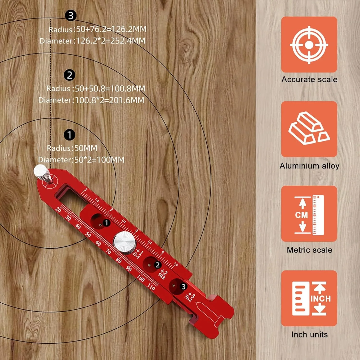 خط کش دایره ای نجاری KASTWAVE، خط کش پرگاری WMLBK با مقیاس دوگانه متریک و اینچی، آلیاژ آلومینیومی قابل تنظیم، خط کش علامت گذاری دایره ای قابل تنظیم برای نجار - 164 میلی متر