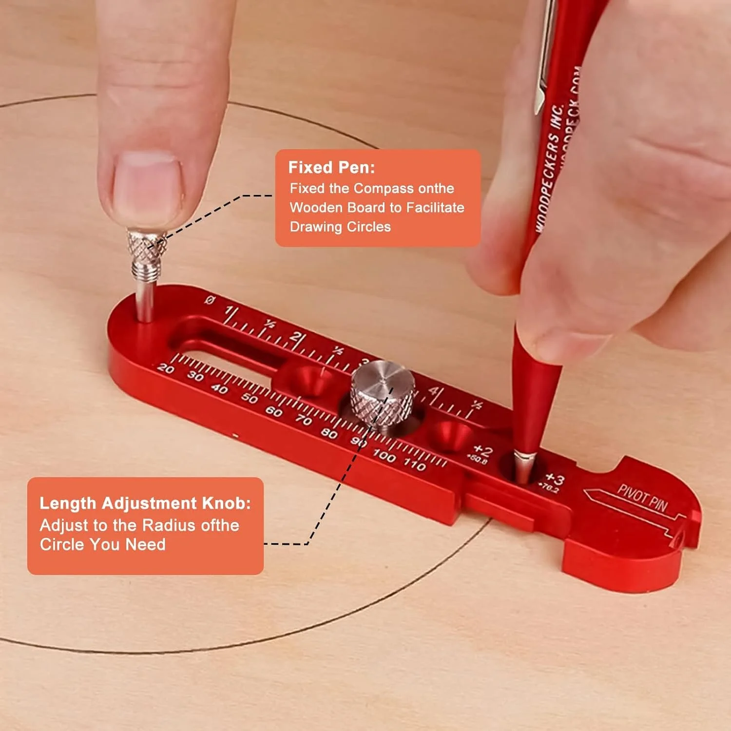خط کش دایره ای نجاری KASTWAVE، خط کش پرگاری WMLBK با مقیاس دوگانه متریک و اینچی، آلیاژ آلومینیومی قابل تنظیم، خط کش علامت گذاری دایره ای قابل تنظیم برای نجار - 164 میلی متر