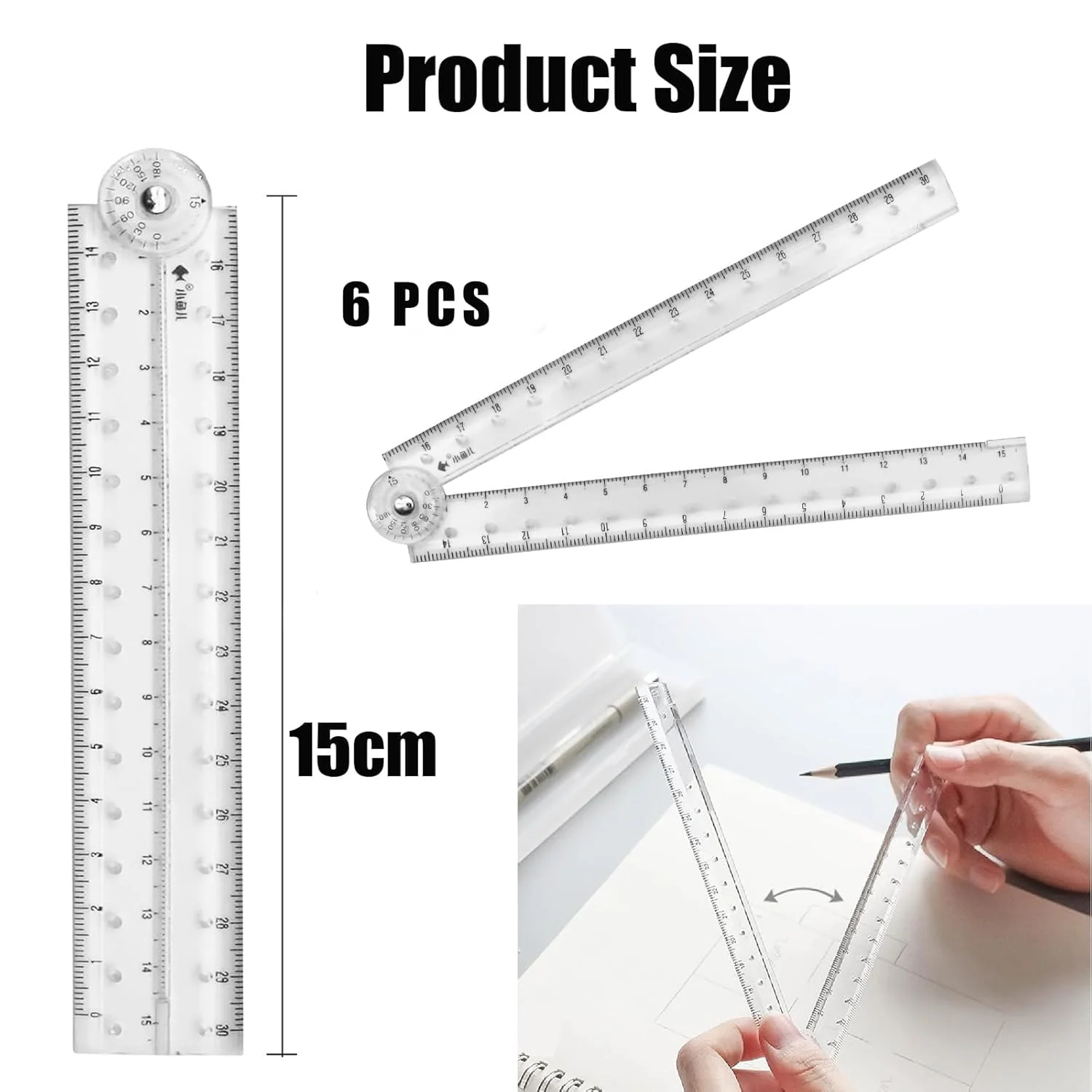 ست خط کش تاشو 6 عددی KASTWAVE - خط کش های مستقیم شفاف 30 سانتی متری و 15 سانتی متری، ابزار اندازه گیری هندسی شفاف برای مدرسه، خانه، خط کشی، نجار، برقکار، مهندسین یا استفاده اداری