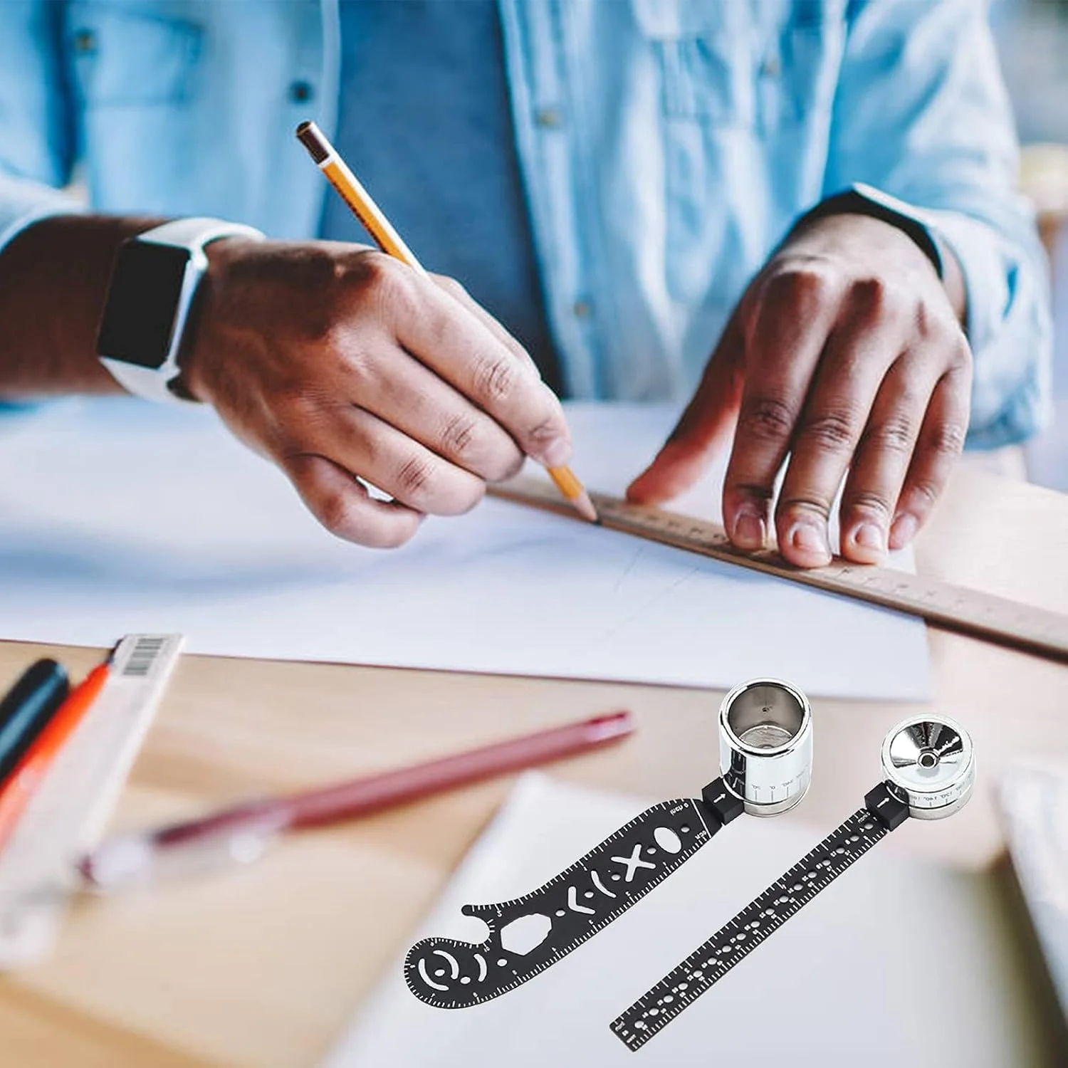 ابزار طراحی چند منظوره، مینی قطب نما، نقاله، خط کش فلزی منحنی و مجموعه شابلون دایره برای معماران، طراحان، هنرمندان، مهندسان، پیش نویس دقیق و طراحی