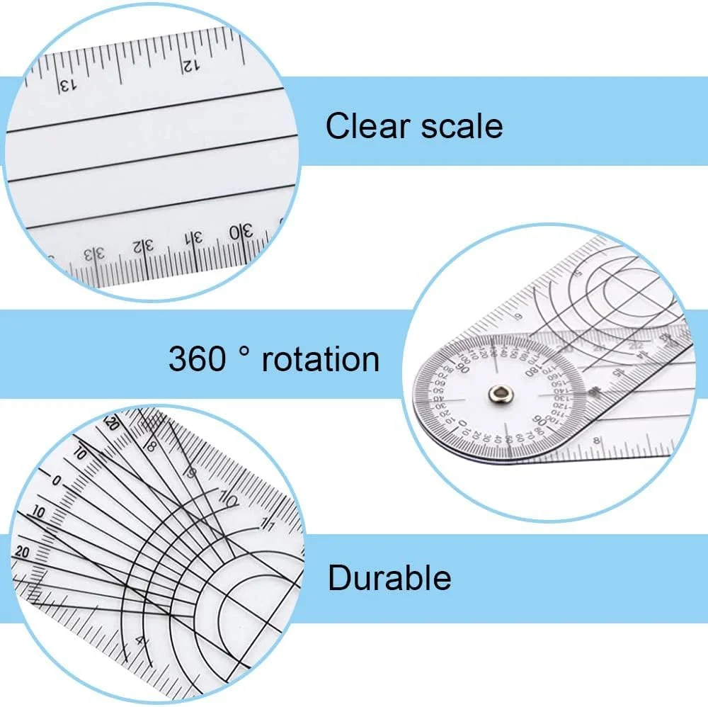گونیا پلاستیکی شفاف 7 اینچی، برای اندازه گیری زاویه، نقاله چرخشی 360 درجه با بازوهای تاشو، ابزار دقیق برای طراحان نجاری، معماران و دانشجویان، استفاده در طراحی و ترسیم