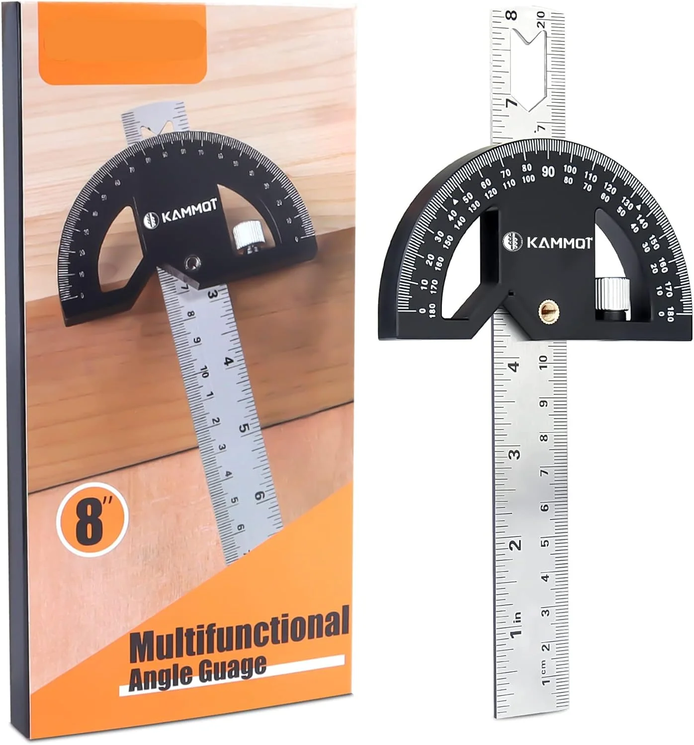 زاویه یاب و نقاله استیل ضد زنگ قابل تنظیم KASTWAVE برای نجاری و فلزکاری، ابزار اندازه گیری زاویه 8 اینچی با 0-180 درجه برای ساخت و ساز