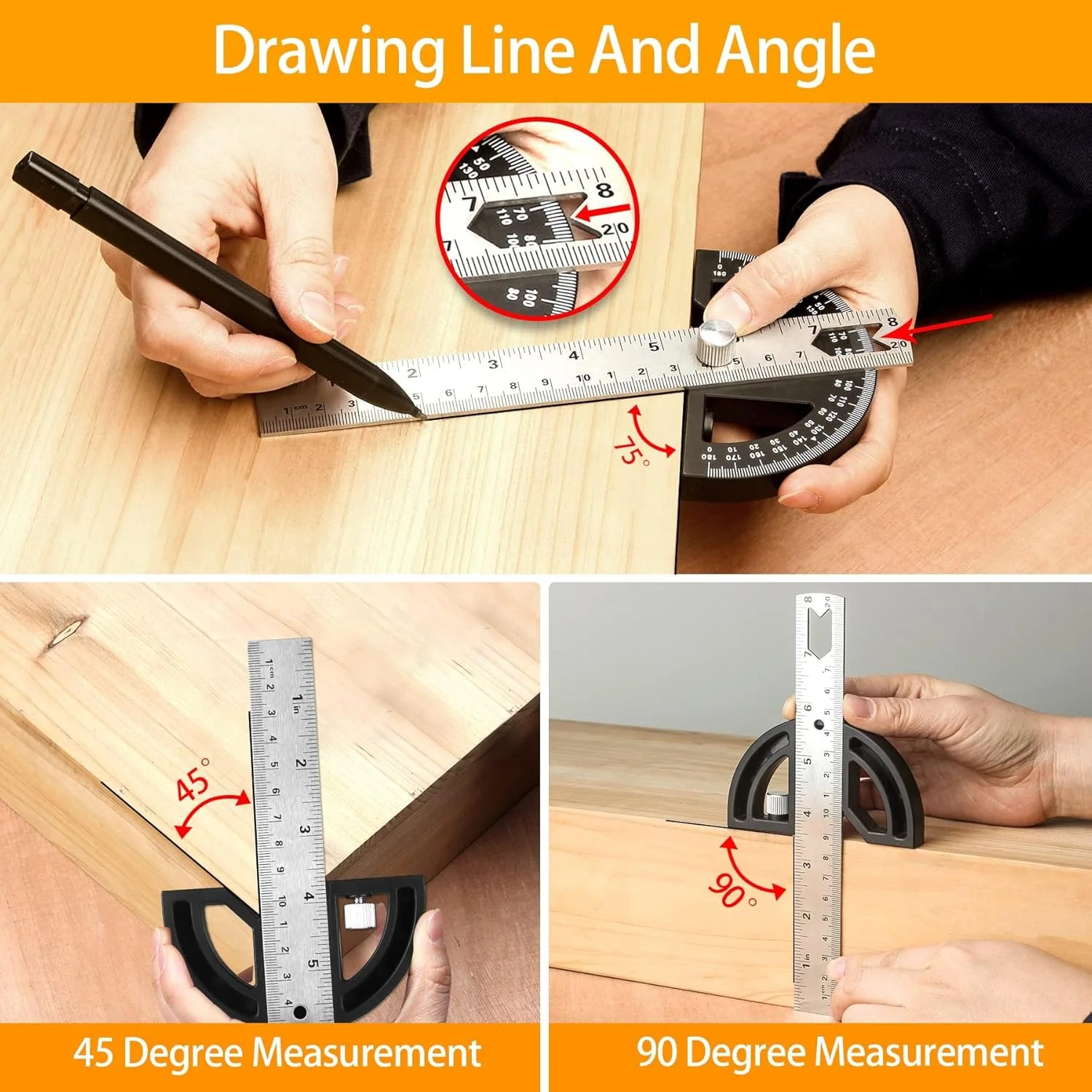 زاویه یاب و نقاله استیل ضد زنگ قابل تنظیم KASTWAVE برای نجاری و فلزکاری، ابزار اندازه گیری زاویه 8 اینچی با 0-180 درجه برای ساخت و ساز