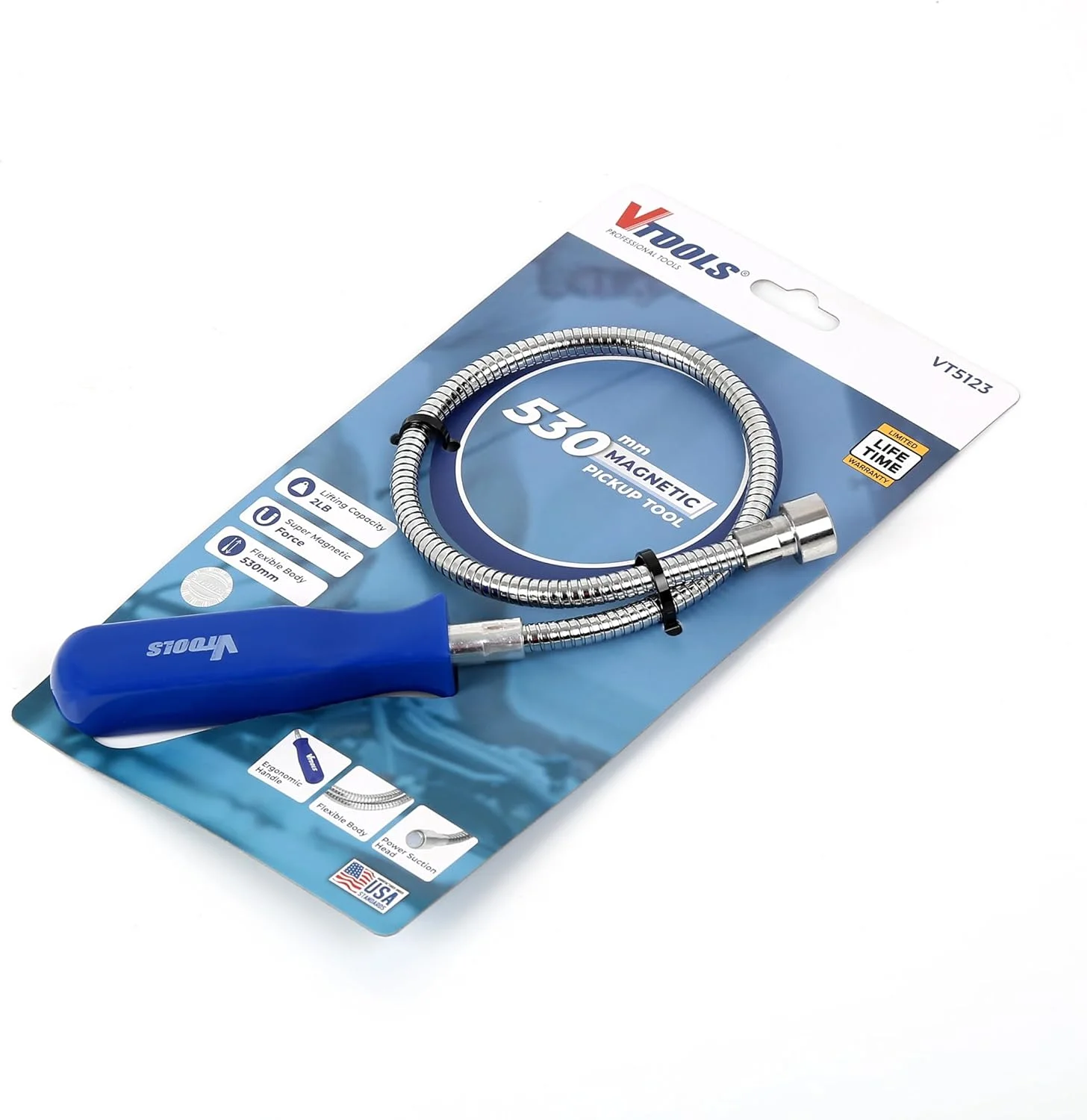 ابزار آهنربایی VTOOLS، طول 530 میلی‌متر، شفت انعطاف‌پذیر، آهنربای قوی، دسته بادوام برای بازیابی آسان اشیاء فلزی، ایده‌آل برای استفاده در خودرو و کارگاه، آبی، VT5123