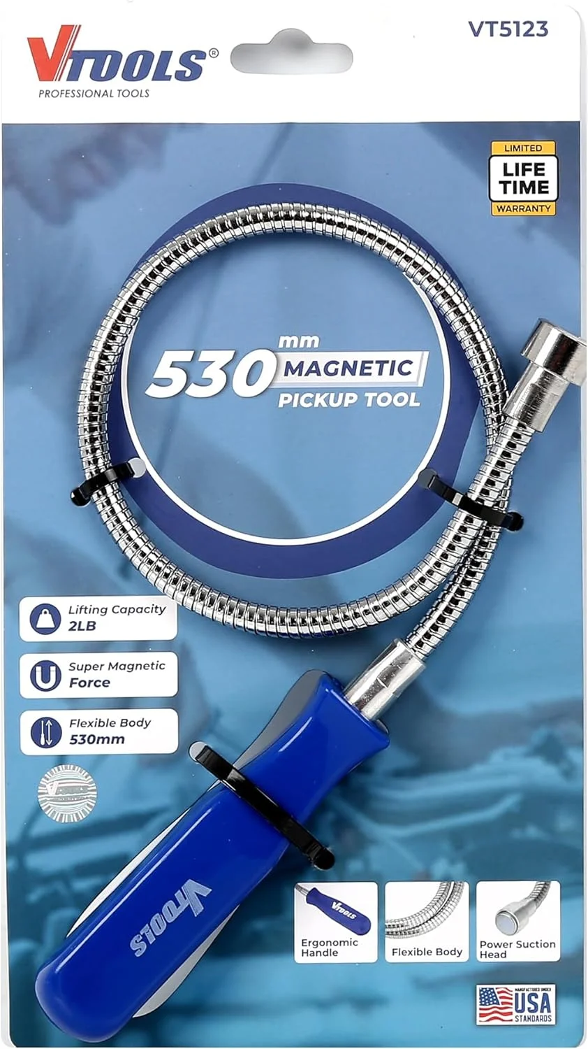 ابزار آهنربایی VTOOLS، طول 530 میلی‌متر، شفت انعطاف‌پذیر، آهنربای قوی، دسته بادوام برای بازیابی آسان اشیاء فلزی، ایده‌آل برای استفاده در خودرو و کارگاه، آبی، VT5123