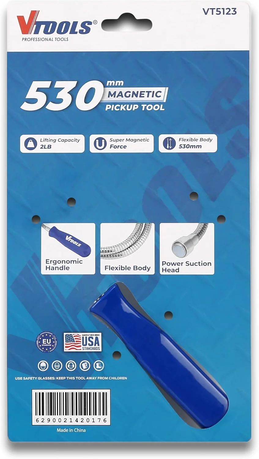 ابزار آهنربایی VTOOLS، طول 530 میلی‌متر، شفت انعطاف‌پذیر، آهنربای قوی، دسته بادوام برای بازیابی آسان اشیاء فلزی، ایده‌آل برای استفاده در خودرو و کارگاه، آبی، VT5123