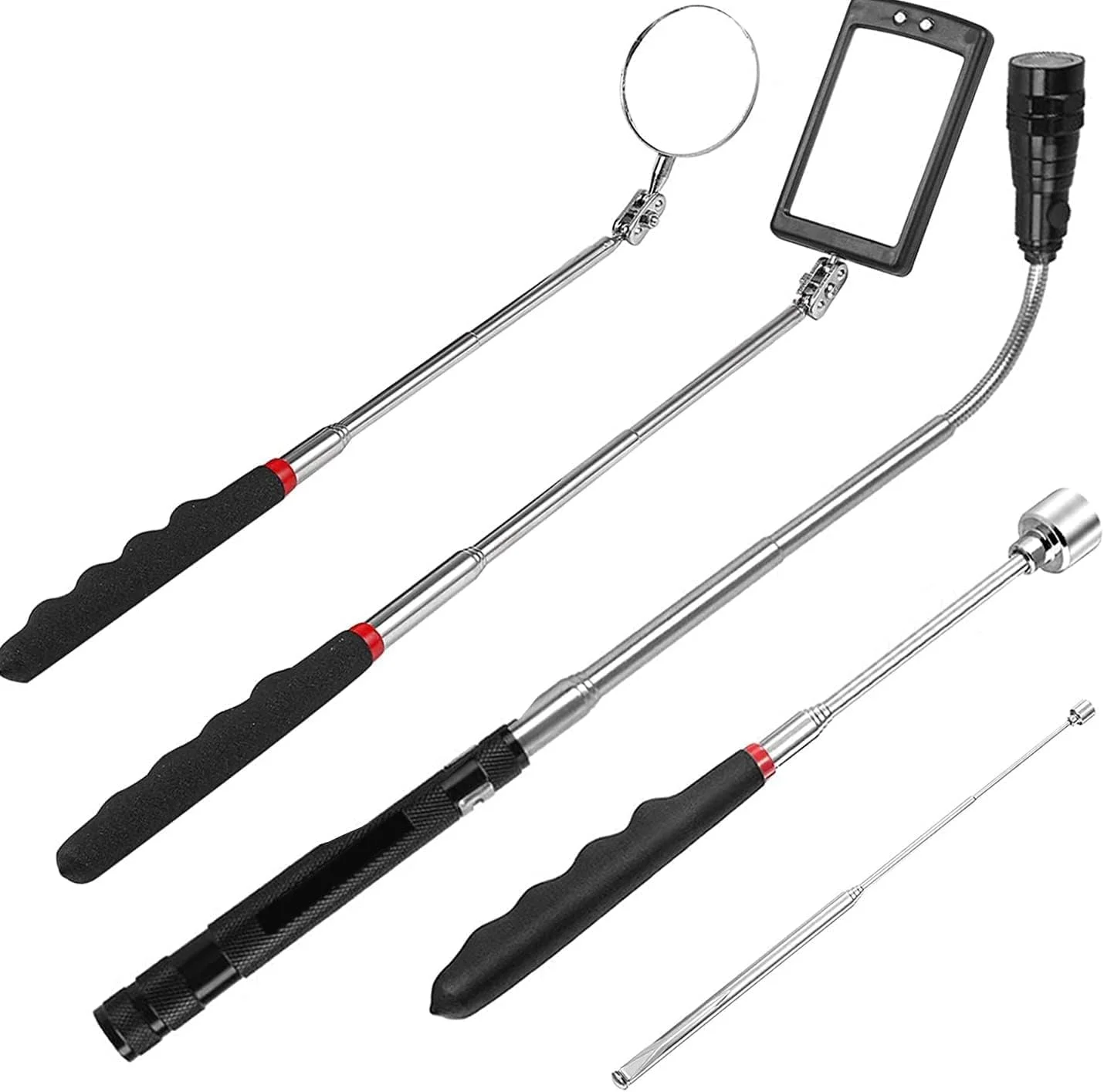 مجموعه ابزار مغناطیسی تلسکوپی Ofakouss شامل میله جمع کننده 1.5 پوندی و 20 پوندی، چرخش 360 درجه، آینه مغناطیسی و چراغ قوه LED انعطاف پذیر تلسکوپی (شامل باتری)