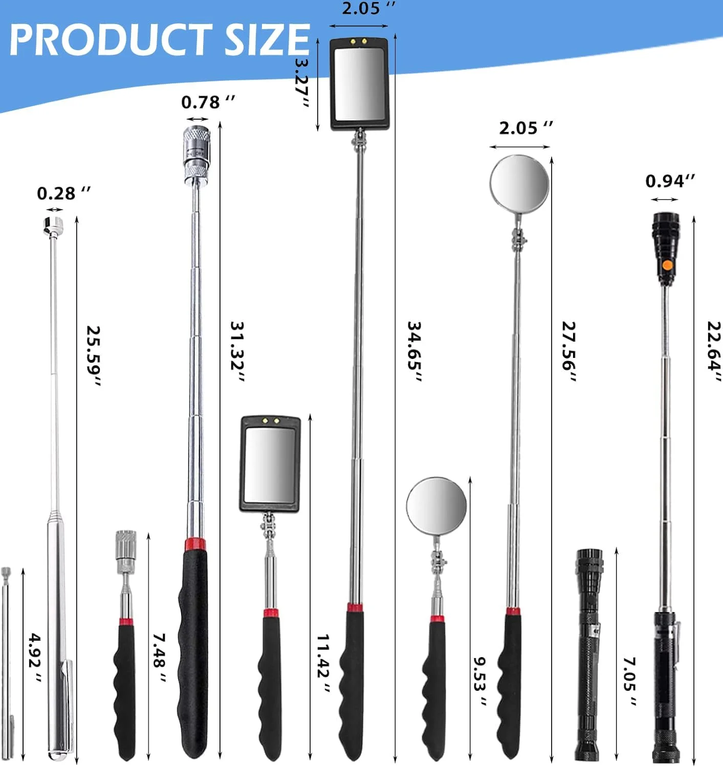 مجموعه ابزار مغناطیسی تلسکوپی Ofakouss شامل میله جمع کننده 1.5 پوندی و 20 پوندی، چرخش 360 درجه، آینه مغناطیسی و چراغ قوه LED انعطاف پذیر تلسکوپی (شامل باتری) مجموعه ابزار مغناطیسی تلسکوپی Ofakouss شامل میله جمع کننده 1.5 پوندی و 20 پوندی، چرخش 360 درجه، آینه مغناطیسی و چراغ قوه LED انعطاف پذیر تلسکوپی (شامل باتری)