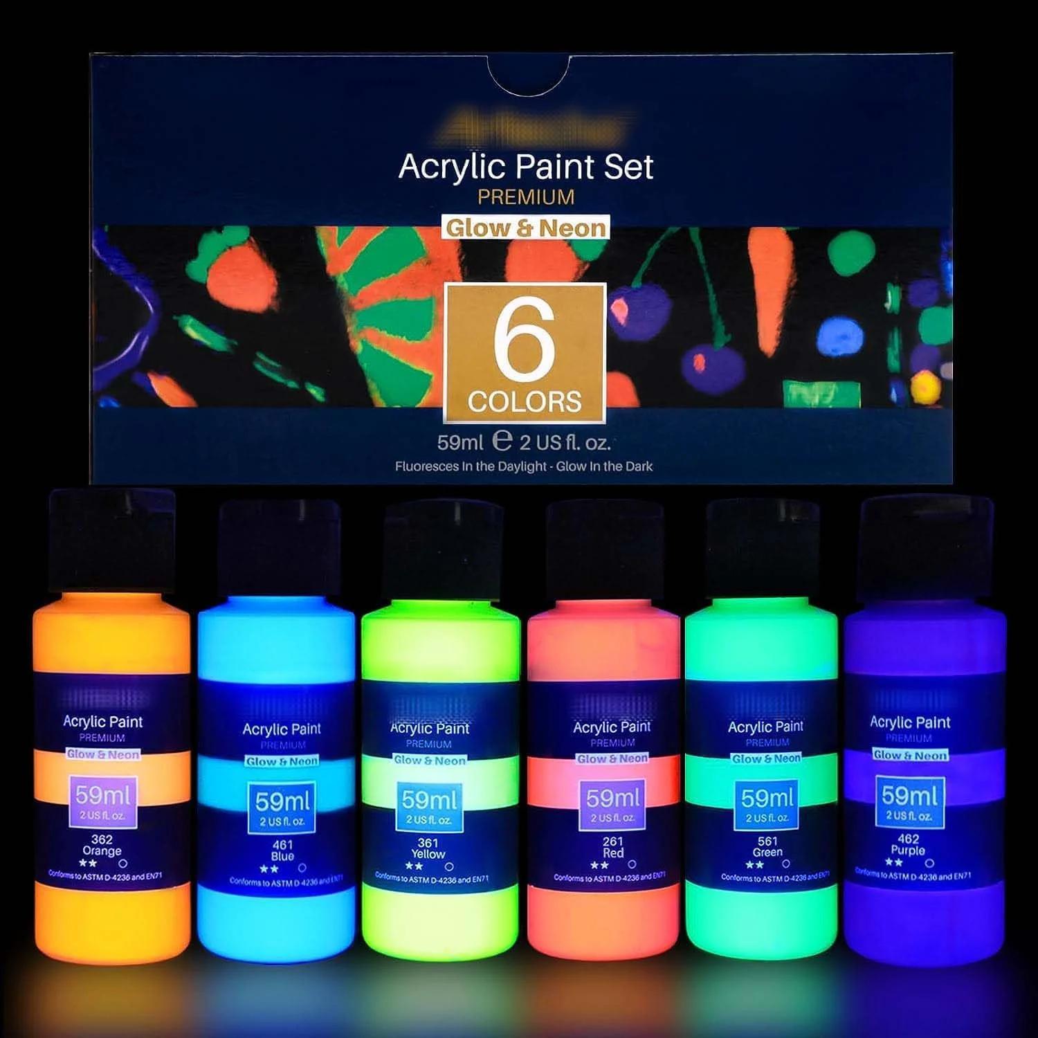 مجموعه رنگ اکریلیک Azonee برای نقاشی هنری، تزئین، 6 رنگ نئون و شب تاب 2 در 1، 2 اونس/59 میلی لیتر لوازم رنگ اکریلیک درخشان برای چوب، پارچه، صنایع دستی، بوم، چرم و سنگ