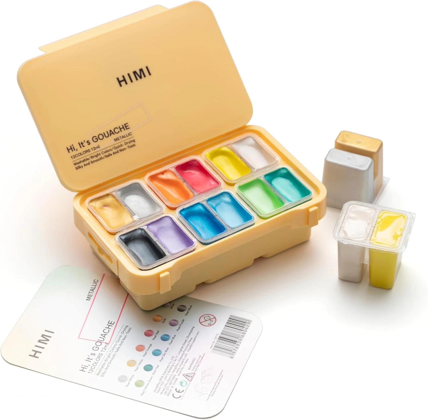 ست رنگ گواش ژله ای متالیک HIMI، ۱۲ رنگ ۱۲ گرمی، طراحی جام ژله ای، قابل حمل برای مسافرت، رنگ گواش غیر سمی برای بوم و کاغذ، لوازم هنری برای حرفه ای ها و مبتدیان
