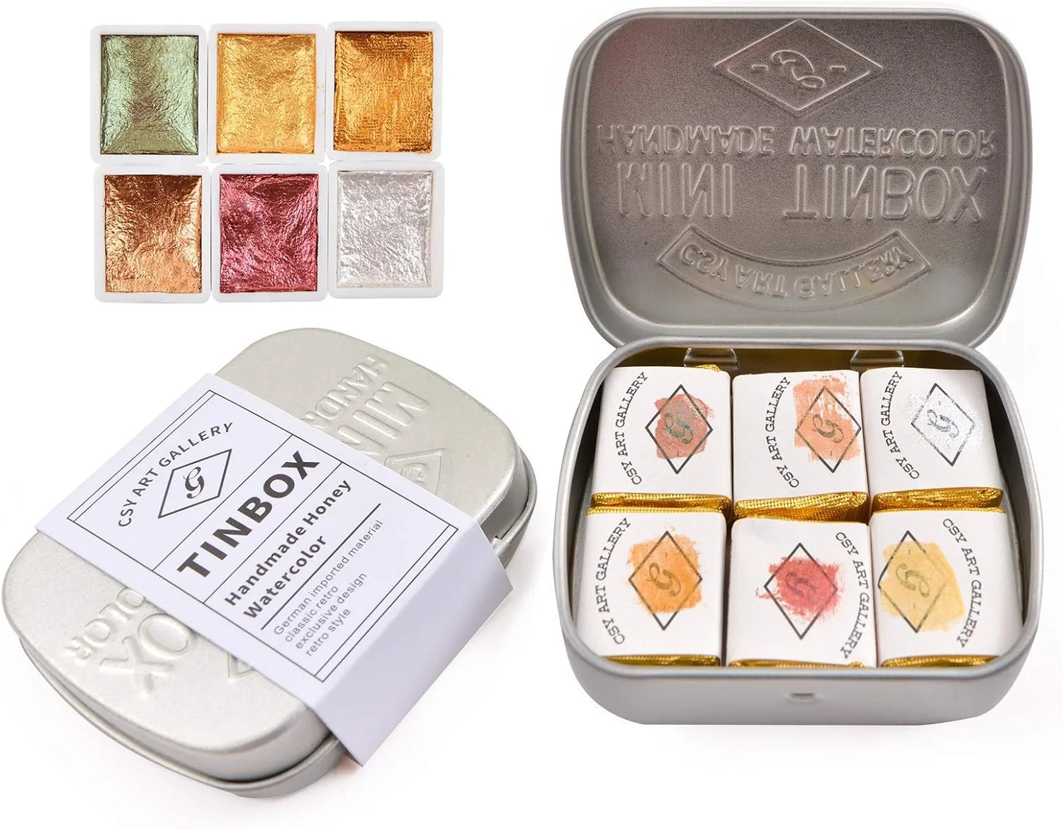 مجموعه رنگ آبرنگ دست ساز گالری هنری CSY - 6 رنگ طلایی متالیک نیمه تابه ای، آبرنگ جامد اکلیلی - جعبه فلزی آبرنگ صدفی درخشان برای هنرمندان، دانشجویان و علاقه مندان مجموعه رنگ آبرنگ دست ساز گالری هنری CSY - 6 رنگ طلایی متالیک نیمه تابه ای، آبرنگ جامد اکلیلی - جعبه فلزی آبرنگ صدفی درخشان برای هنرمندان، دانشجویان و علاقه مندان