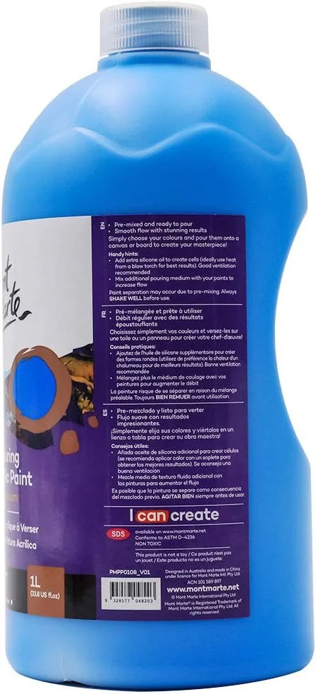 رنگ اکریلیک پورینگ پریمیوم مونت مارته، 1 لیتر (33.8 اونس)، آبی لاجوردی، رنگ اکریلیک از پیش مخلوط شده، مناسب برای انواع سطوح از جمله بوم کشیده شده، چوب، MDF و خاک رس خشک شونده در هوا. رنگ اکریلیک پورینگ پریمیوم مونت مارته، 1 لیتر (33.8 اونس)، آبی لاجوردی، رنگ اکریلیک از پیش مخلوط شده، مناسب برای انواع سطوح از جمله بوم کشیده شده، چوب، MDF و خاک رس خشک شونده در هوا.