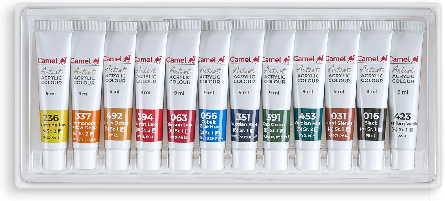 Camel Artist Acrylic Color Box 9ml tubes, 12 Shades Camel Artist Acrylic Color Box 9ml tubes, 12 Shades