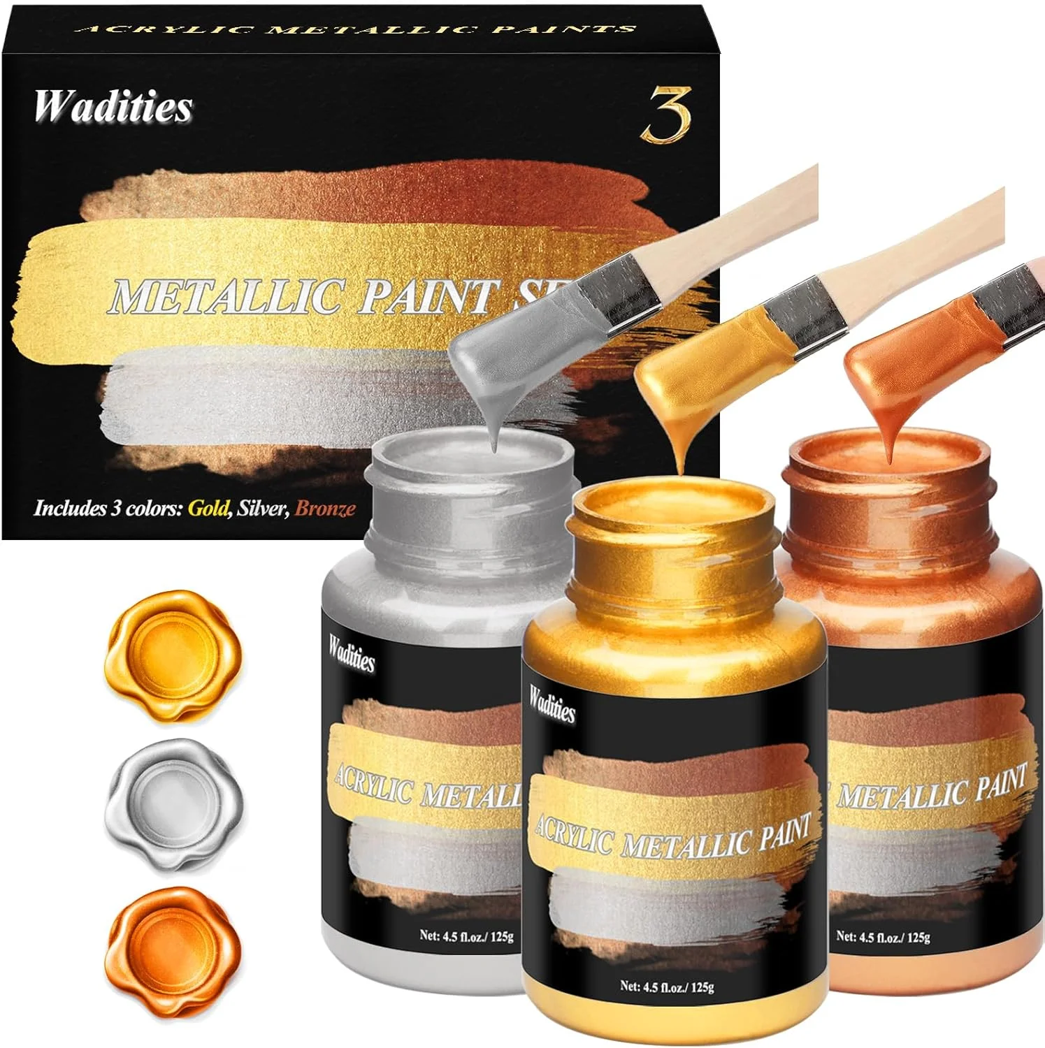 رنگ اکریلیک متالیک Wadities، 375 گرم طلایی، نقره ای و برنزی، رنگ ورق طلا برای نقاشی هنری، ایده آل برای بوم، چوب، خاک رس، پارچه، سرامیک، سنگ، لوازم صنایع دستی شیشه ای