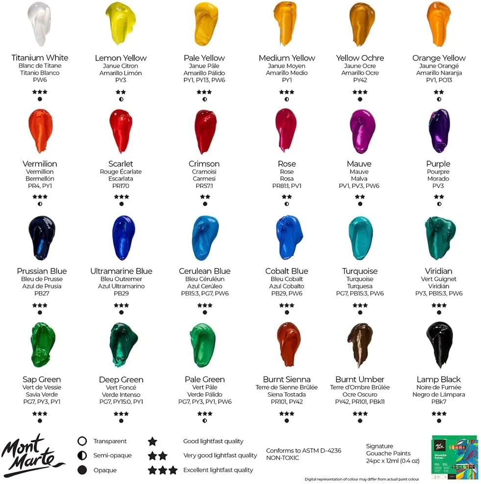 رنگ گواش حرفه ای مونت مارته، 24 رنگ در تیوب های 12 میلی لیتری، پوشش نیمه مات، مناسب برای استفاده روی بوم، کاغذ آبرنگ، رنگ های آبرنگ و تکنیک های ترکیبی رنگ گواش حرفه ای مونت مارته، 24 رنگ در تیوب های 12 میلی لیتری، پوشش نیمه مات، مناسب برای استفاده روی بوم، کاغذ آبرنگ، رنگ های آبرنگ و تکنیک های ترکیبی