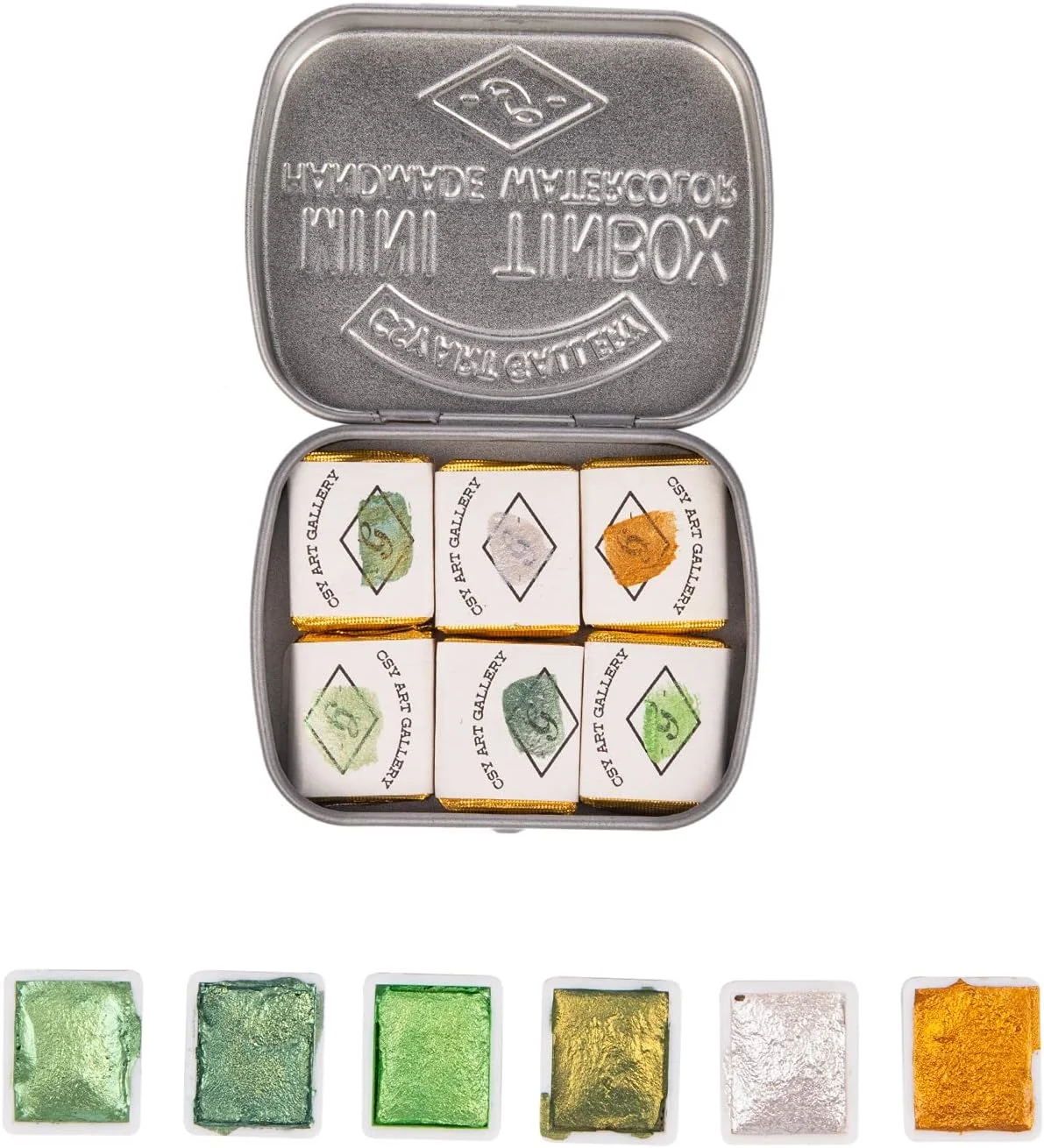 مجموعه رنگ آبرنگ دست ساز هنرمند گالری هنری CSY - رنگ های جامد متالیک طلایی اکلیلی - جعبه فلزی قابل حمل یکپارچهسازی با سیستمعامل - مجموعه رنگ اکلیلی صدفی رنگ درخشان آبرنگ حرفه ای (بهشت)