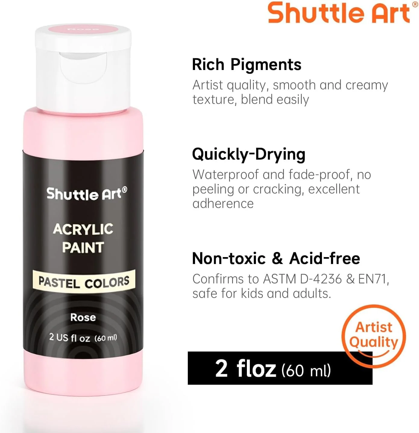 مجموعه ۴۰ عددی رنگ اکریلیک پاستلی شاتل آرت، ۳۰ رنگ، بطری های ۶۰ میلی لیتری، ویسکوزیته بالا، رنگ ضد آب به همراه ۱۰ قلم مو برای نقاشی و کاردستی روی بوم، سنگ، سرامیک، پارچه مجموعه ۴۰ عددی رنگ اکریلیک پاستلی شاتل آرت، ۳۰ رنگ، بطری های ۶۰ میلی لیتری، ویسکوزیته بالا، رنگ ضد آب به همراه ۱۰ قلم مو برای نقاشی و کاردستی روی بوم، سنگ، سرامیک، پارچه