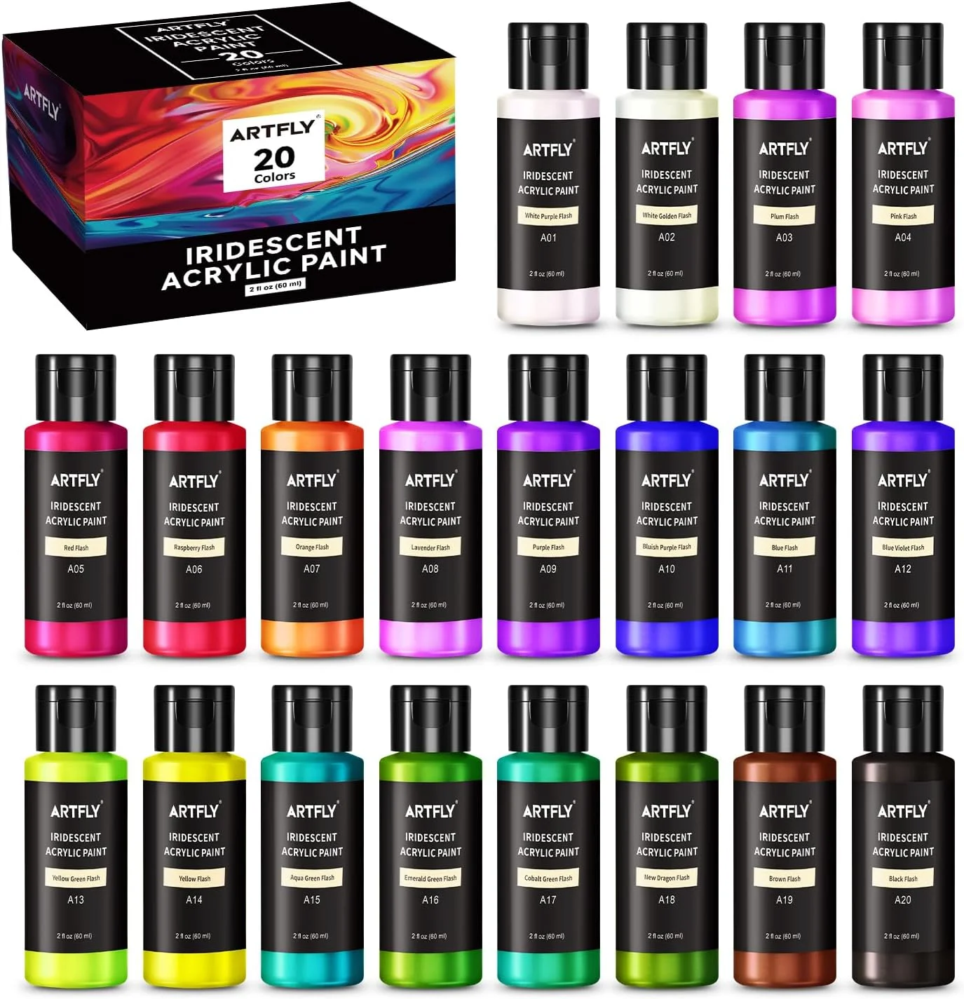 ست رنگ اکریلیک رنگین کمانی ARTFLY، 20 رنگ آفتاب پرست در بطری های 60 میلی لیتری، رنگ اکریلیک تغییر رنگ دهنده، رنگ تغییر رنگ عالی برای هنرمندان، مبتدیان روی بوم، سنگ، چوب، پارچه، سرامیک ست رنگ اکریلیک رنگین کمانی ARTFLY، 20 رنگ آفتاب پرست در بطری های 60 میلی لیتری، رنگ اکریلیک تغییر رنگ دهنده، رنگ تغییر رنگ عالی برای هنرمندان، مبتدیان روی بوم، سنگ، چوب، پارچه، سرامیک