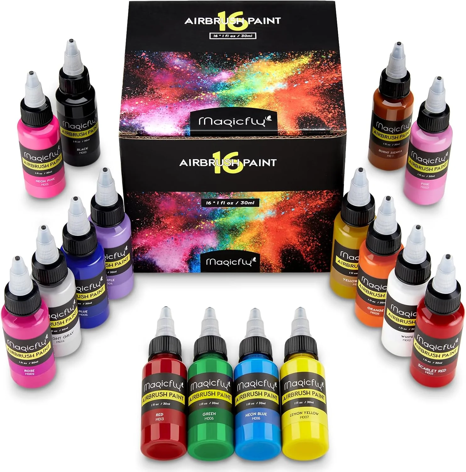 رنگ ایربراش Magicfly، مجموعه رنگ اکریلیک ایربراش 16 رنگ (30 میلی لیتر)، آماده برای اسپری، رنگ های مات و نئون، پایه آب، کیت عالی برای مبتدیان، علاقه مندان و هنرمندان