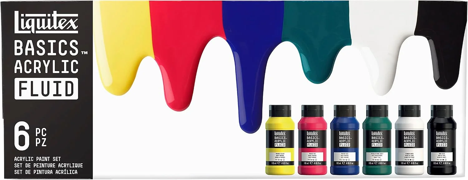 مجموعه رنگ اکریلیک مایع Liquitex Basics، 6 رنگ متنوع، با غلظت روان، خشک شدن سریع، بدون محو شدن، ضد آب، بر پایه آب
