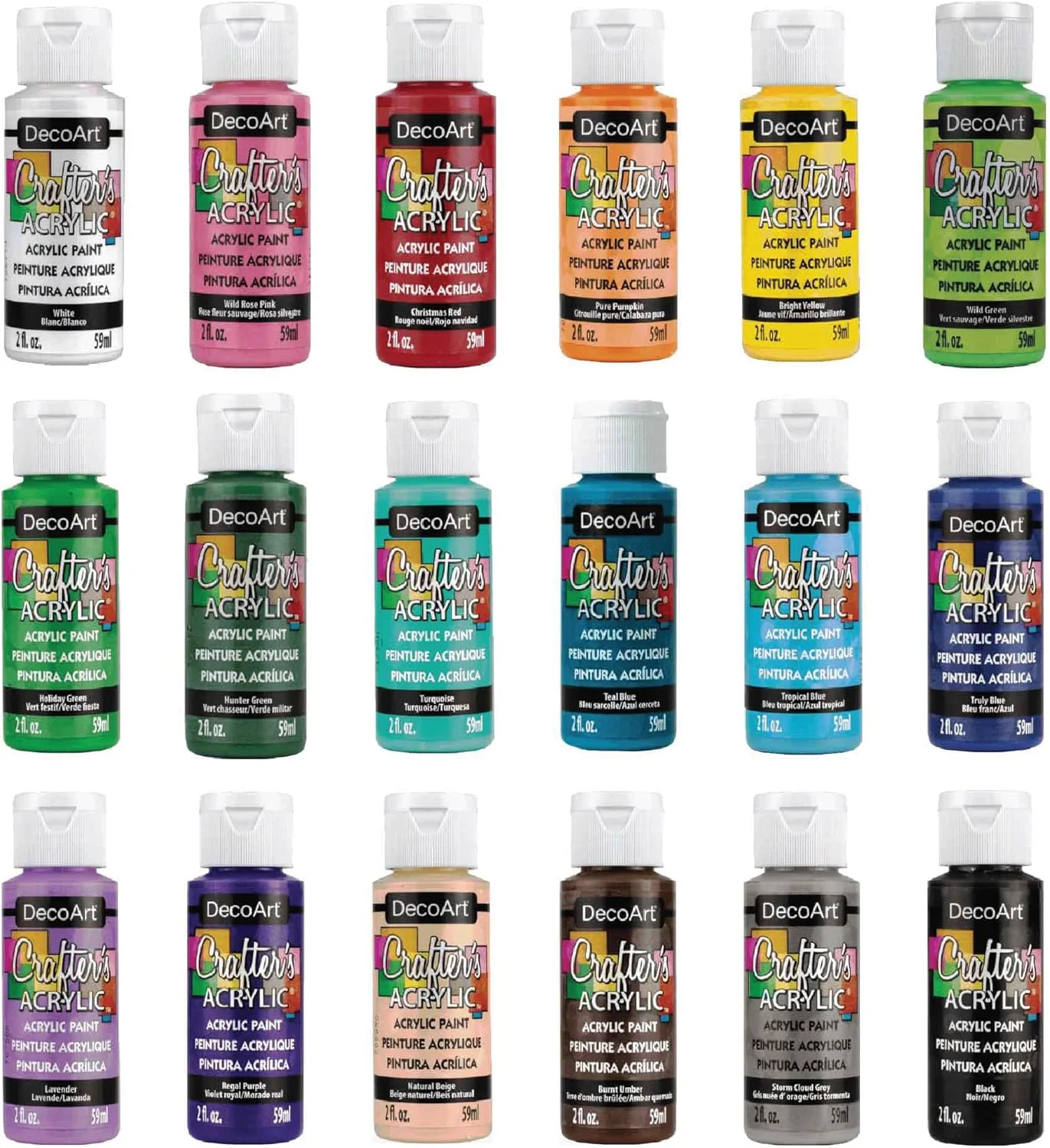 ست رنگ اکریلیک DecoArt Crafter، 18 رنگ متنوع مات (2 fl oz/59 ml)، رنگ اکریلیک برای هنرها و صنایع دستی DIY، 36 Fl Oz (بسته 1 عددی)