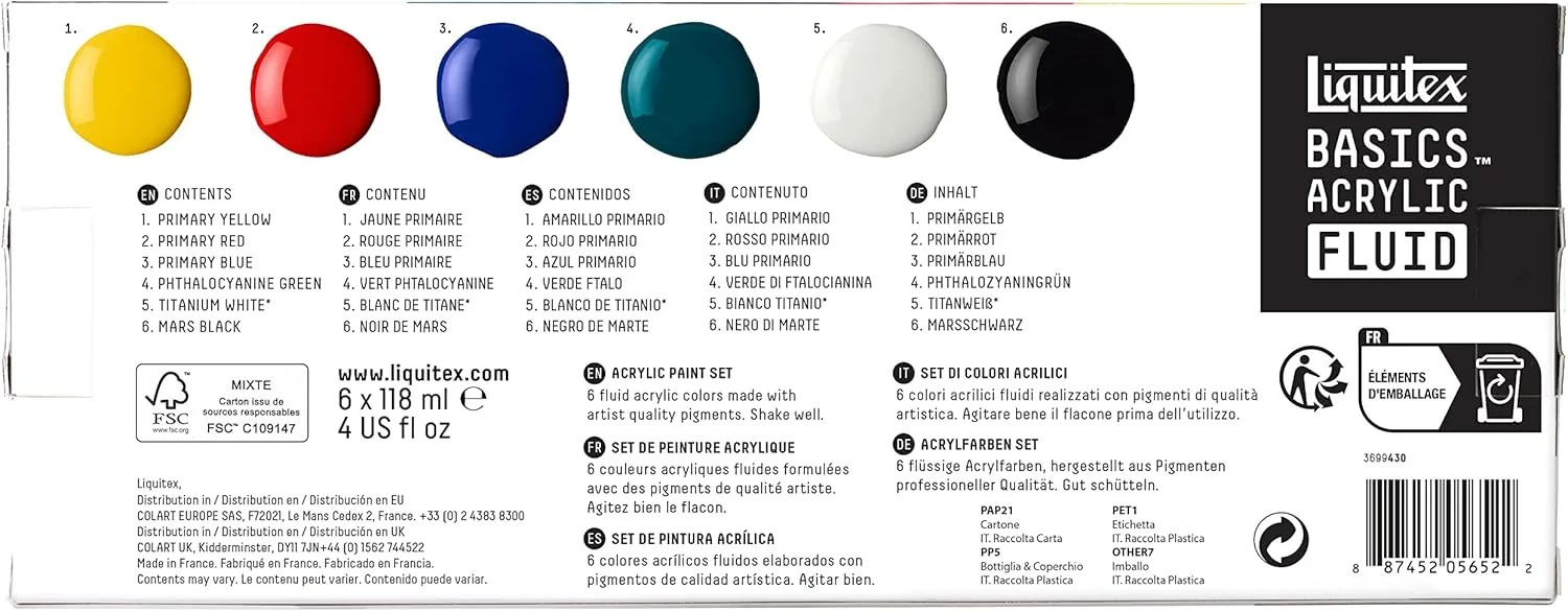 مجموعه رنگ اکریلیک مایع Liquitex Basics، 6 رنگ متنوع، با غلظت روان، خشک شدن سریع، بدون محو شدن، ضد آب، بر پایه آب مجموعه رنگ اکریلیک مایع Liquitex Basics، 6 رنگ متنوع، با غلظت روان، خشک شدن سریع، بدون محو شدن، ضد آب، بر پایه آب