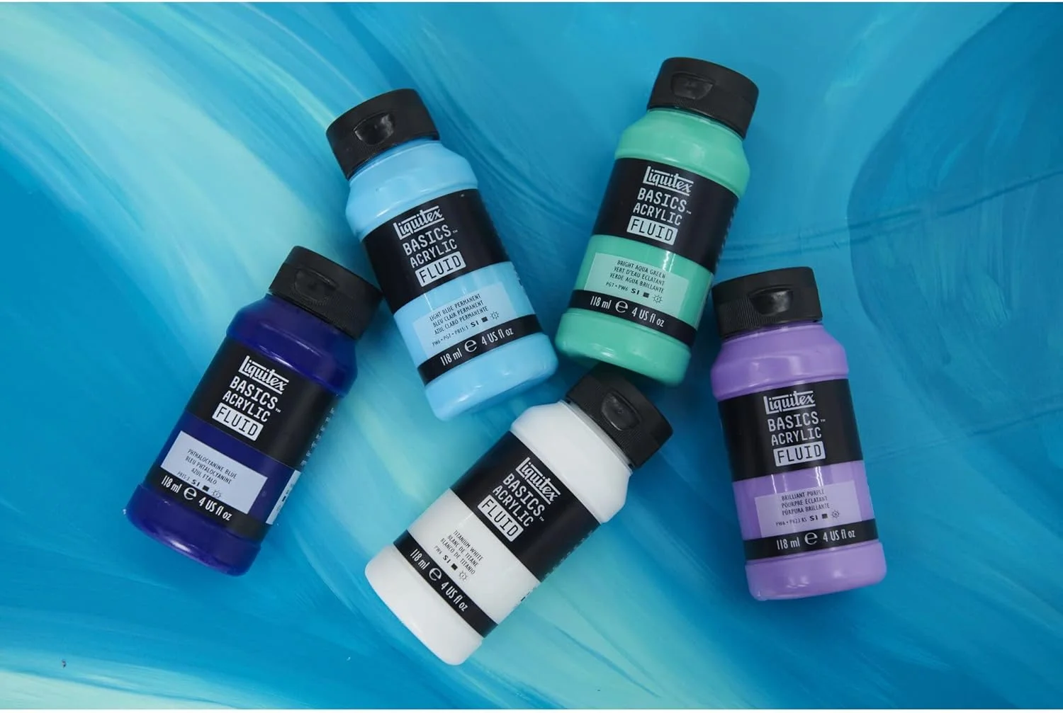 رنگ اکریلیک مایع Liquitex 8870404 Basics با غلظت روان، خشک شدن سریع، مقاوم در برابر نور، ضد آب، پایه آب، بطری 118 میلی لیتری، سبز فتالوسیانین