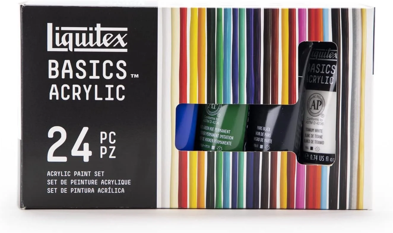 مجموعه رنگ اکریلیک Liquitex Basics، ۲۴ عدد، ۲۲ میلی لیتر. رنگ های اکریلیک دارای مقاومت عالی در برابر نور هستند، زرد نمی شوند و در برابر پیری مقاوم هستند و دارای روکش براق ابریشمی هستند.