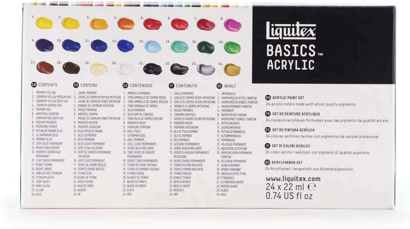 مجموعه رنگ اکریلیک Liquitex Basics، ۲۴ عدد ۲۲ میلی لیتری. رنگ های اکریلیک دارای مقاومت عالی در برابر نور هستند، زرد نمی شوند و در برابر پیری مقاوم بوده و دارای روکش براق ابریشمی هستند. مجموعه رنگ اکریلیک Liquitex Basics، ۲۴ عدد ۲۲ میلی لیتری. رنگ های اکریلیک دارای مقاومت عالی در برابر نور هستند، زرد نمی شوند و در برابر پیری مقاوم بوده و دارای روکش براق ابریشمی هستند.