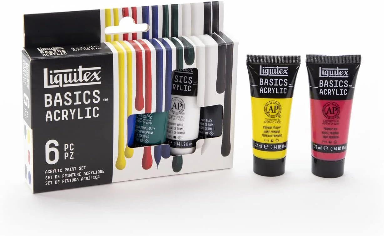 مجموعه رنگ اکریلیک Liquitex Basics، 6 عدد 22 میلی لیتری، شامل زرد اصلی، قرمز اصلی، آبی اصلی، سبز فتالو سیانین، سفید تیتانیوم، مشکی مارس