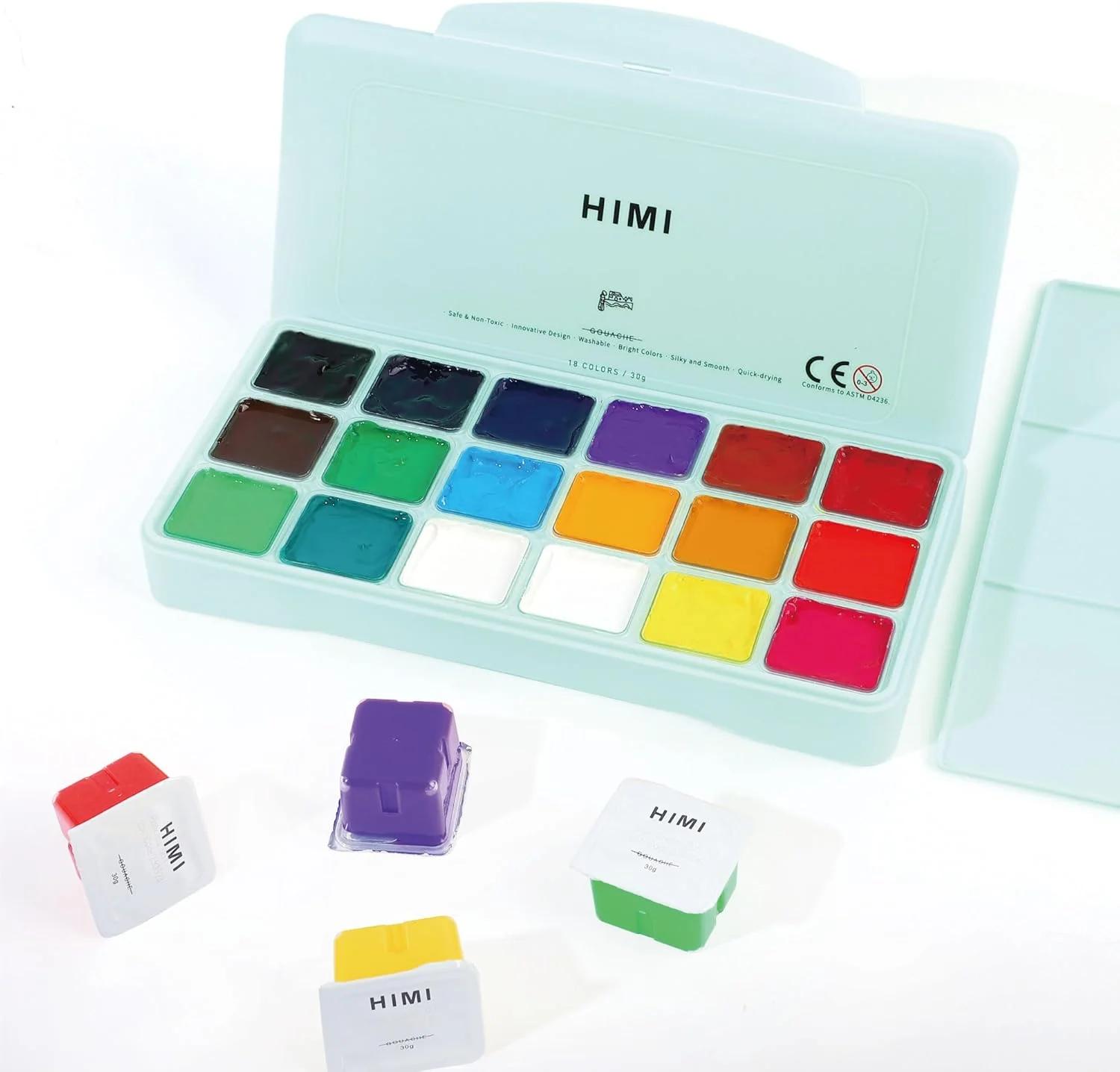 مجموعه رنگ گواش HIMI از INK LAB، جام ژله ای با 18 رنگ زنده و غیر سمی به همراه جعبه قابل حمل و پالت برای نقاشی هنرمندان روی بوم و کاغذ آبرنگ، رنگدانه غنی، 30 میلی لیتر در هر فنجان