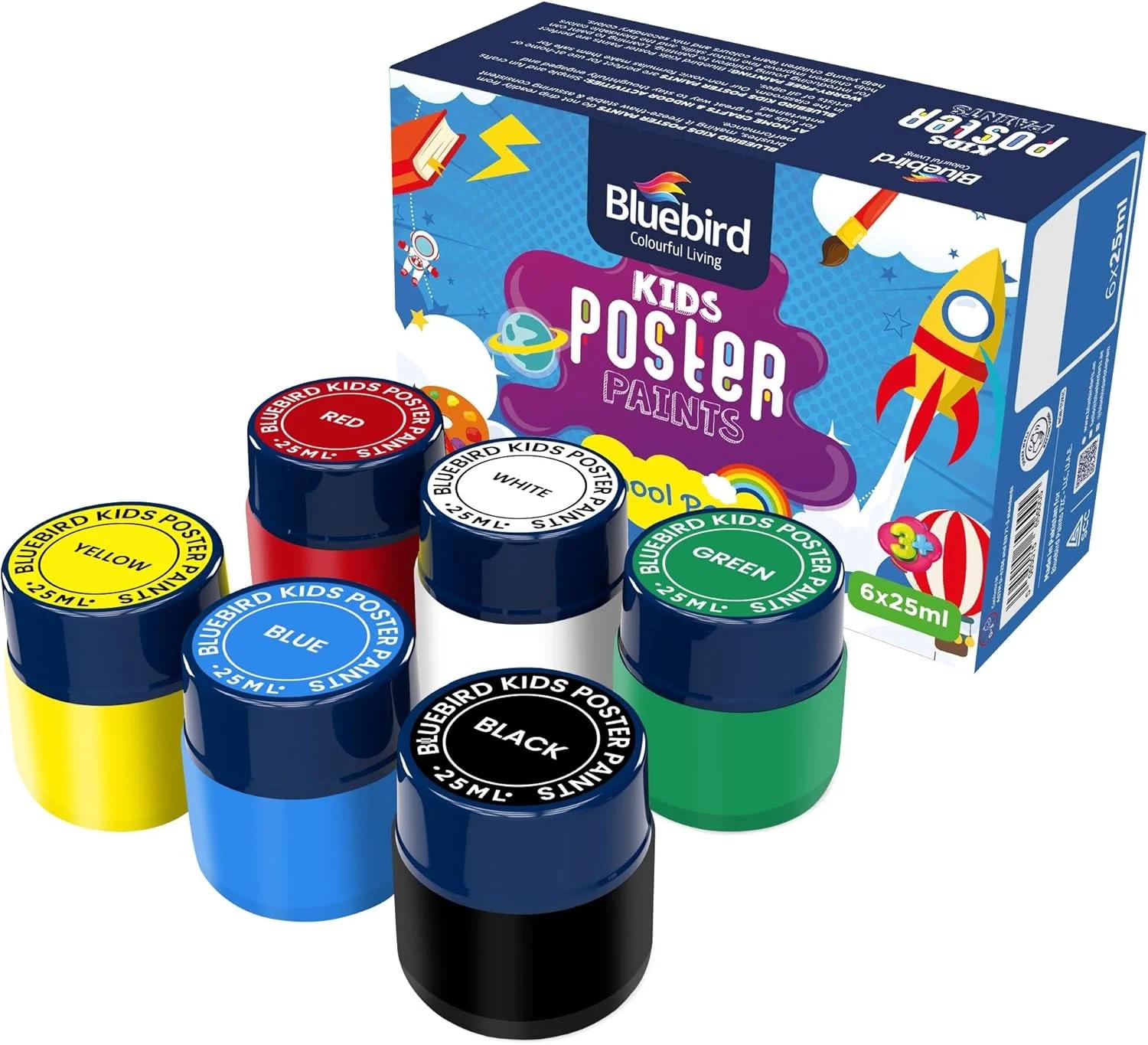 رنگ پوستر پریمیوم Bluebird، رنگ های اصلی، مجموعه 6 عددی 25 میلی لیتری - رنگ های زنده برای پروژه های خلاقانه - بسته مدرسه