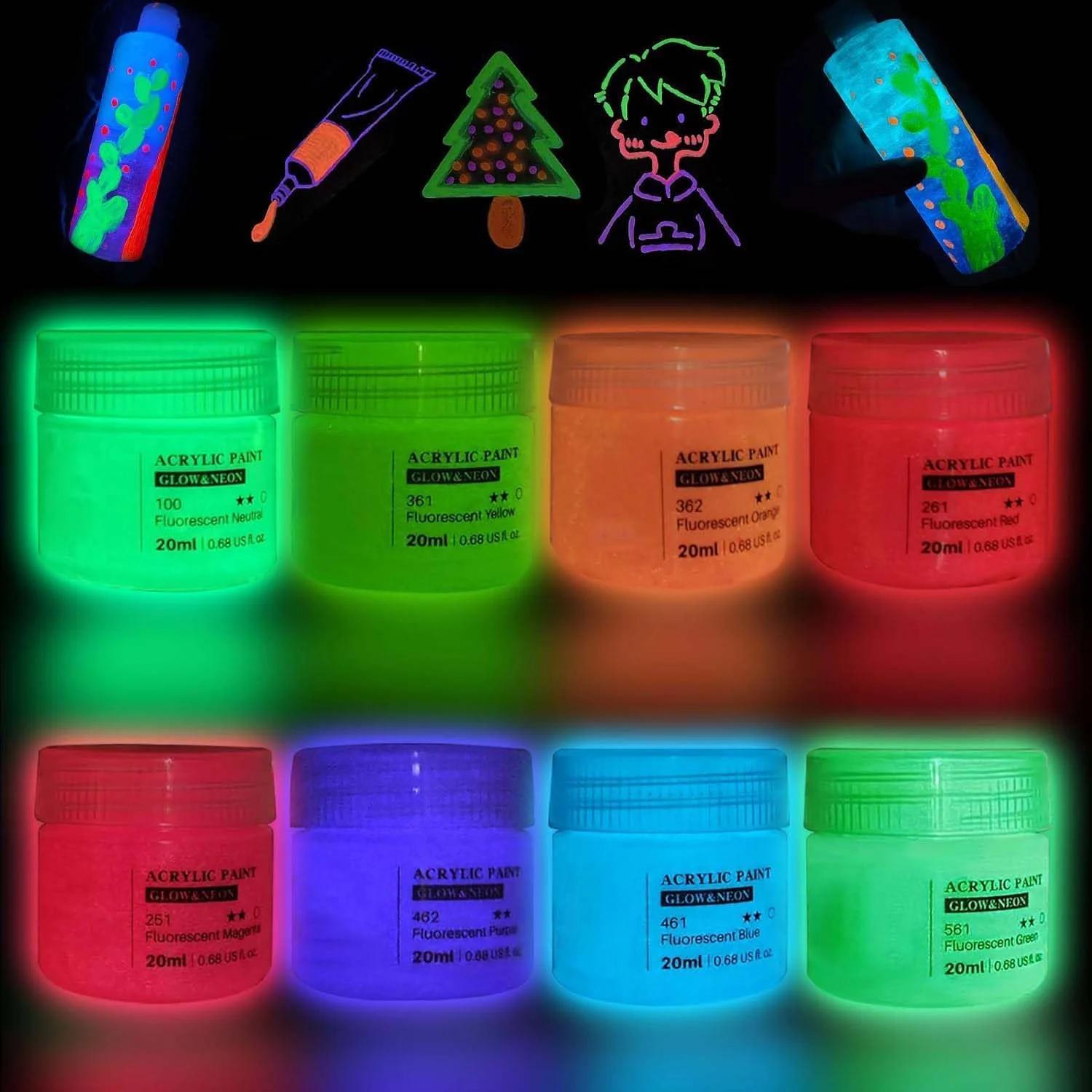 مجموعه رنگ اکریلیک شب تاب آزونه، 8 رنگ روشن، رنگ نئون شب تاب برای نقاشی هنری، تزئینات هالووین، صنایع دستی هنری DIY، برای بوم، سنگ، چوب، ضد آب، 20 میلی لیتر