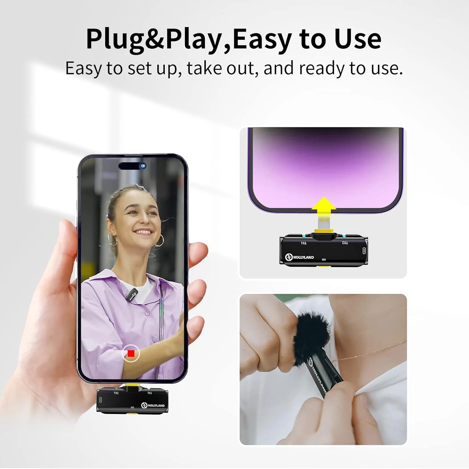 میکروفون یقه ای بی سیم Hollyland Lark C1 (بدون جعبه شارژ، نوع لایتنینگ)، مناسب برای آیفون 14/13/12، دارای گواهی MFi، اتصال آسان، حذف نویز، انتقال 200 متری، 32 ساعت کارکرد