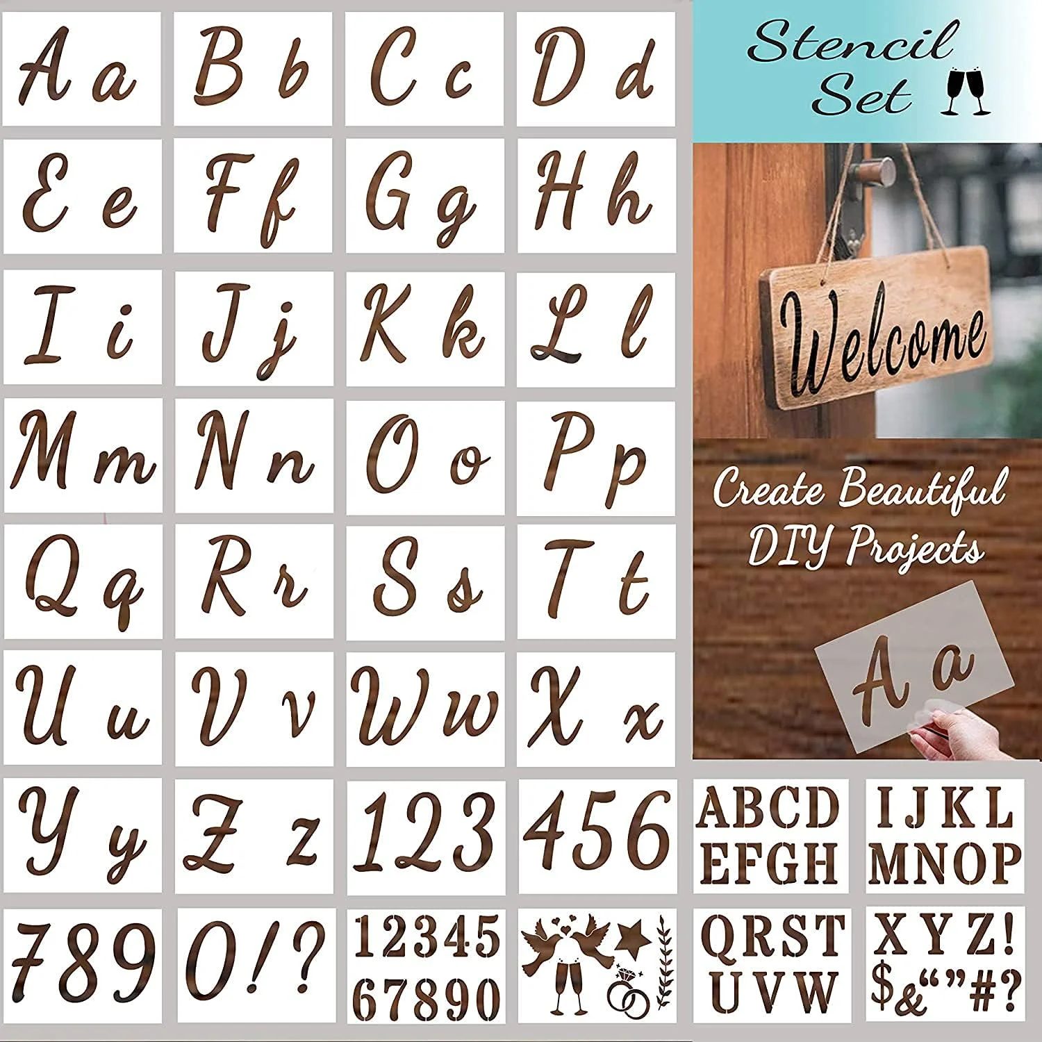 KASTWAVE Letter Stencils for Painting on Wood - Alphabet Stencils for Painting & Drawing - Reusable Cursive Letter and Number Stencils for Signs & More - Plastic Paint Stencils for Art and DIY Crafts
