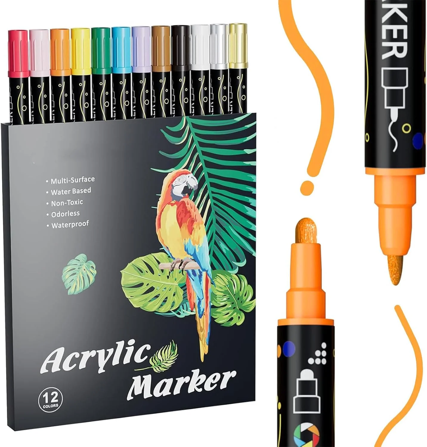 قلم های رنگ اکریلیک، نشانگرهای 12 رنگ با نوک دوگانه، نوک های ظریف 1 میلی متری و نقطه ای 5 میلی متری، برای نقاشی روی سنگ، پارچه، بوم، شیشه، چوب، صنایع دستی کاغذی، لوازم هنری DIY