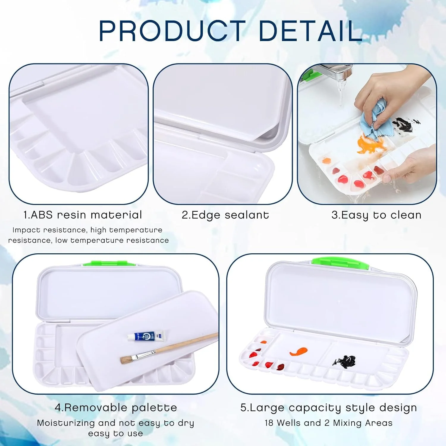 جعبه پالت آبرنگ تاشو و ضد هوا KASTWAVE، 2 عددی، دارای 18 خانه رنگ و 2 ناحیه ترکیب رنگ، پالت رنگ پلاستیکی با درب، مناسب برای هنرمندان، نقاشان و مسافرت