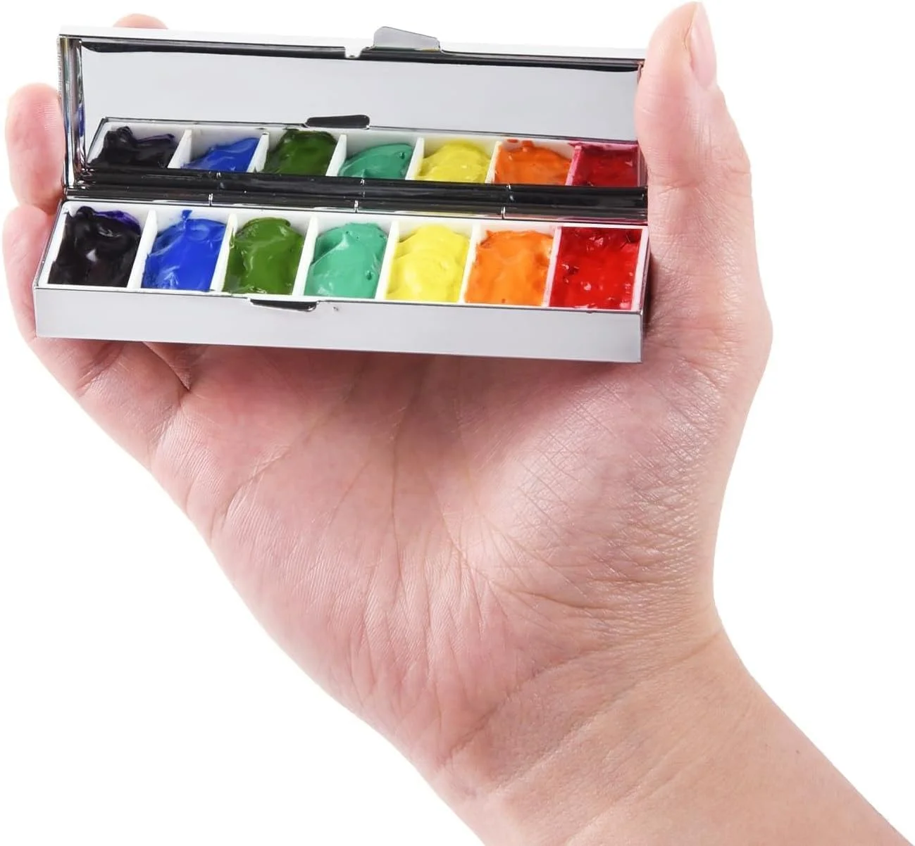 جعبه پالت رنگ قابل حمل 7 خانه با درب، سینی مخلوط کننده مسافرتی جمع و جور برای رنگ های آبرنگ، اکریلیک و روغنی، پالت ذخیره سازی رنگ بادوام برای هنرمندان و نقاشان