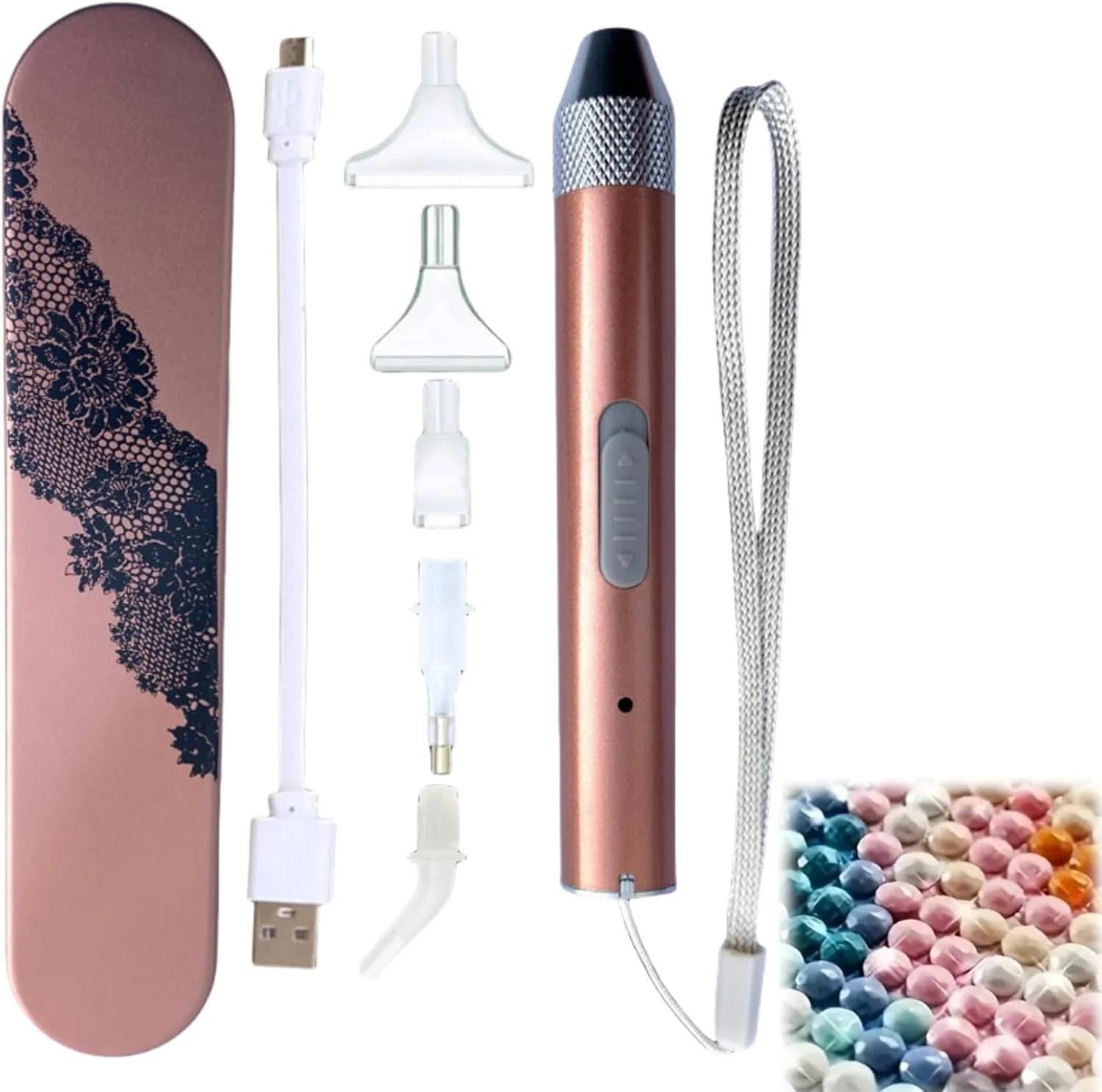 قلم نقاشی الماس برقی، قلم هنری الماس برقی با 5 نوک، چراغ LED قابل شارژ USB، برای کاردستی و نقاشی الماس DIY، ابزار کیت لوازم جانبی نقاشی الماس