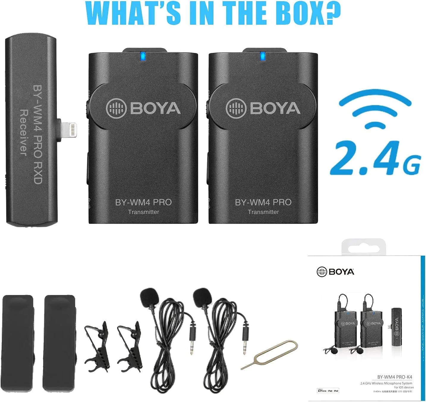 سیستم میکروفون یقه ای بی سیم BOYA by-WM4 Pro با 2 فرستنده و 1 گیرنده اتصال لایتنینگ برای دستگاه های آیفون، آیپد، iOS، پخش زنده، وبلاگ - USB سیستم میکروفون یقه ای بی سیم BOYA by-WM4 Pro با 2 فرستنده و 1 گیرنده اتصال لایتنینگ برای دستگاه های آیفون، آیپد، iOS، پخش زنده، وبلاگ - USB