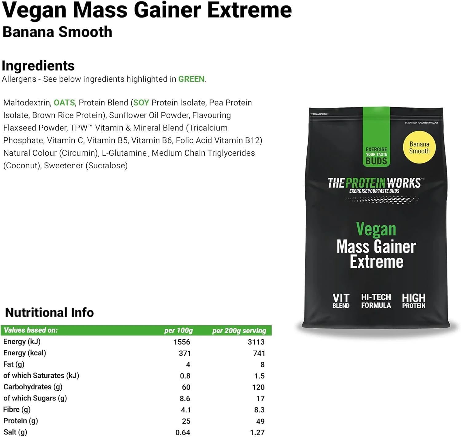 THE PROTEIN WORKS - گینر افزایش حجم گیاهی اکستریم | پودر پر کالری | افزایش دهنده وزن | ویتامین ها و مواد معدنی | 10 وعده | اسموتی موز | 2 کیلوگرم THE PROTEIN WORKS - گینر افزایش حجم گیاهی اکستریم | پودر پر کالری | افزایش دهنده وزن | ویتامین ها و مواد معدنی | 10 وعده | اسموتی موز | 2 کیلوگرم
