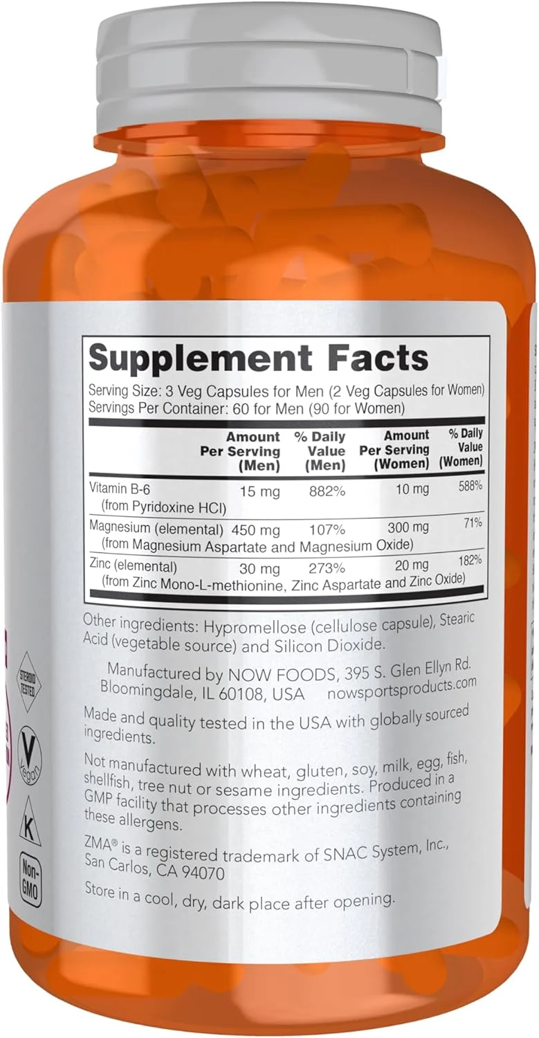 NOW Sports Nutrition، ZMA (روی، منیزیم و ویتامین B-6)، جذب پیشرفته، ریکاوری ورزشی*، 180 کپسول گیاهی NOW Sports Nutrition، ZMA (روی، منیزیم و ویتامین B-6)، جذب پیشرفته، ریکاوری ورزشی*، 180 کپسول گیاهی