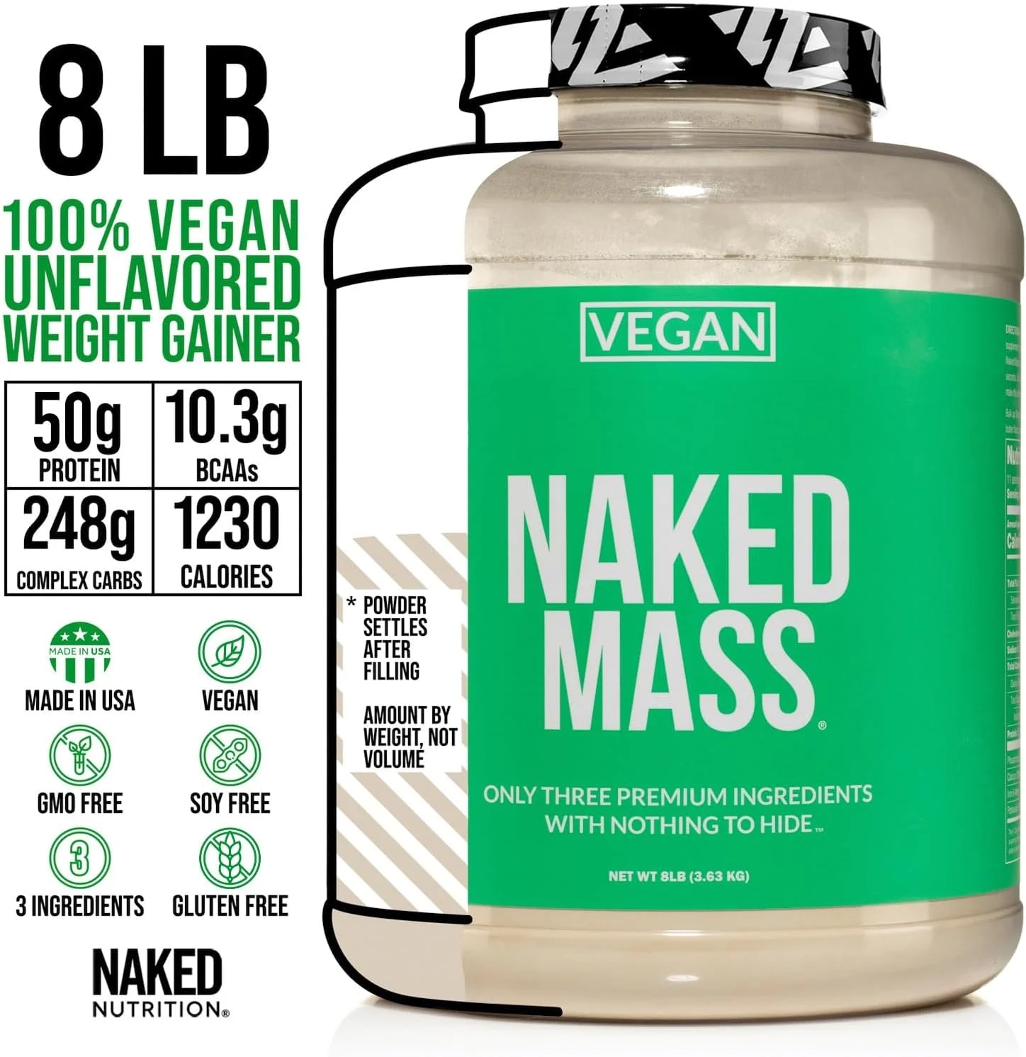 نوتریشن NAKED Vegan Mass - پودر پروتئین افزایش وزن طبیعی و وگان - بسته 8 پوندی، بدون GMO، بدون گلوتن، بدون سویا و بدون لبنیات. بدون مواد مصنوعی - 1230 کالری - 11 سروینگ نوتریشن NAKED Vegan Mass - پودر پروتئین افزایش وزن طبیعی و وگان - بسته 8 پوندی، بدون GMO، بدون گلوتن، بدون سویا و بدون لبنیات. بدون مواد مصنوعی - 1230 کالری - 11 سروینگ