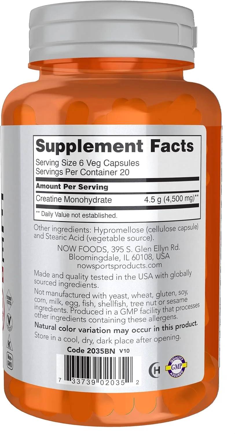 NOW Sports Nutrition، کراتین مونوهیدرات 750 میلی گرم، عضله سازی*/تولید انرژی*، 120 کپسول