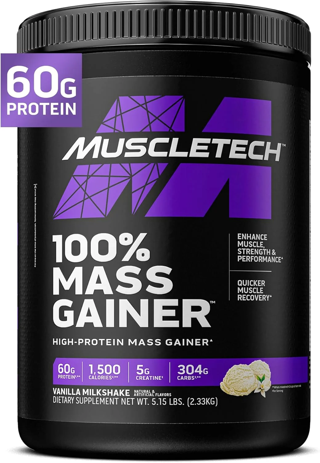 پودر پروتئین بالا افزایش دهنده حجم عضلانی ماسل تک 100% Mass Gainer، تقویت کننده عضلات، قدرت، عملکرد و تسریع ریکاوری عضلات - 60 گرم پروتئین، 5 گرم کراتین، 13.1 گرم BCAA و 1500 کالری، میلک شیک وانیلی 2.33 کیلوگرم پودر پروتئین بالا افزایش دهنده حجم عضلانی ماسل تک 100% Mass Gainer، تقویت کننده عضلات، قدرت، عملکرد و تسریع ریکاوری عضلات - 60 گرم پروتئین، 5 گرم کراتین، 13.1 گرم BCAA و 1500 کالری، میلک شیک وانیلی 2.33 کیلوگرم